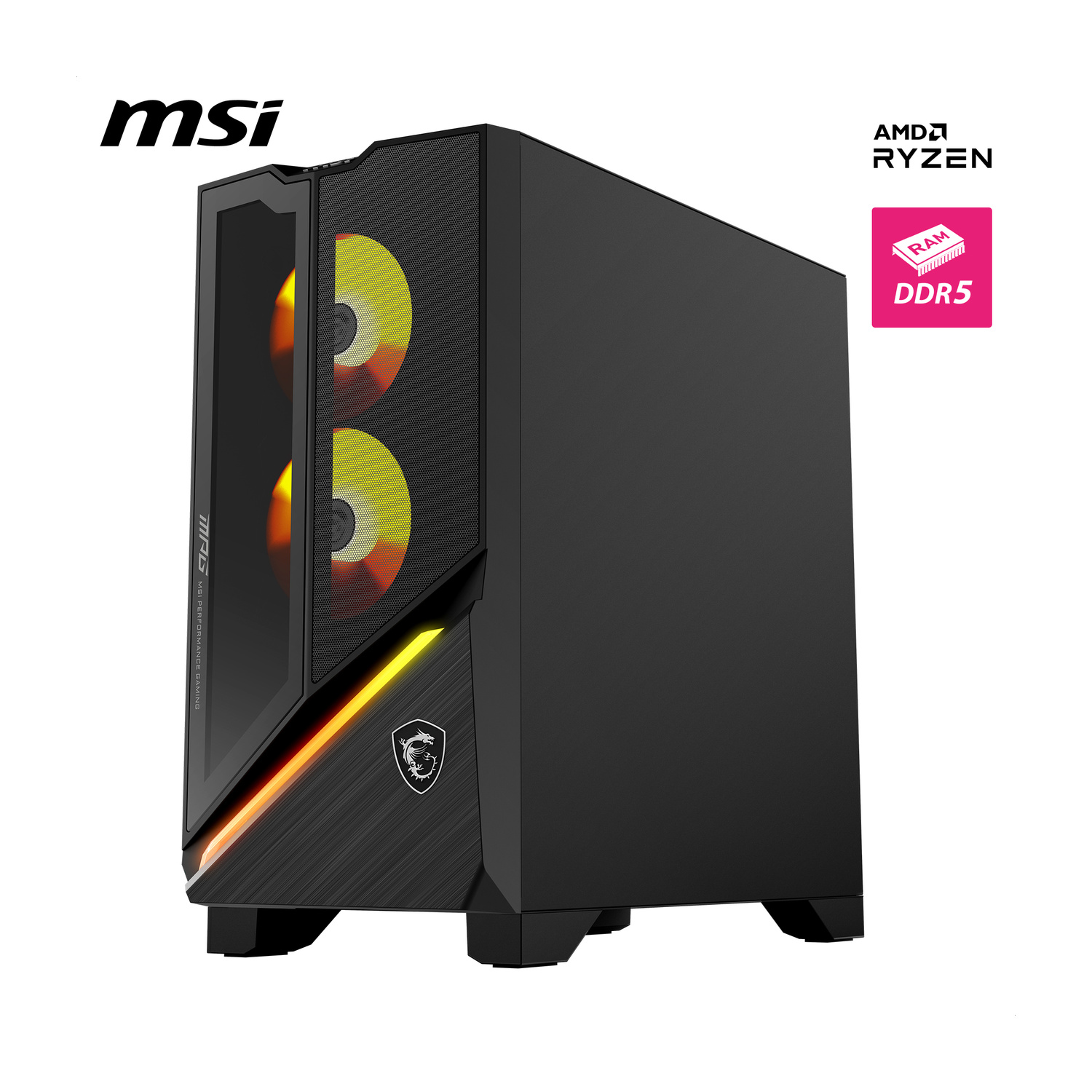 Case PC gaming MSI nero con ventole illuminate e logo AMD Ryzen DDR5.