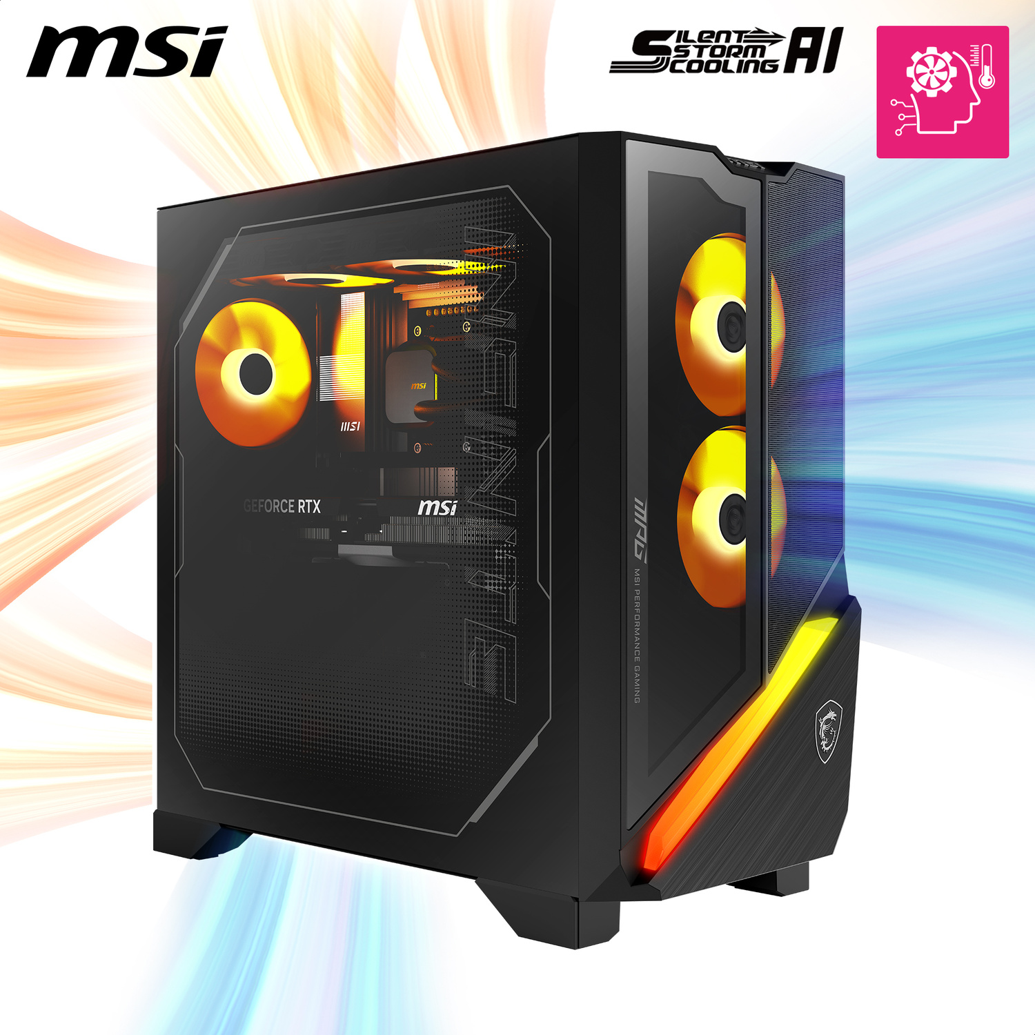 Un case per PC gaming MSI nero con illuminazione RGB e ventole visibili.