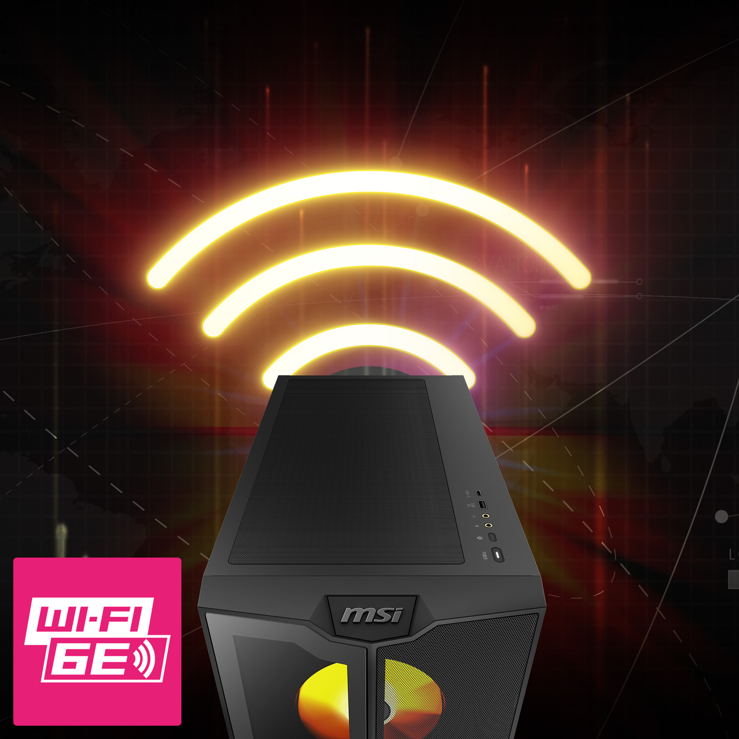 Tower PC nero con logo MSI, simboli Wi-Fi luminosi e logo Wi-Fi GE.