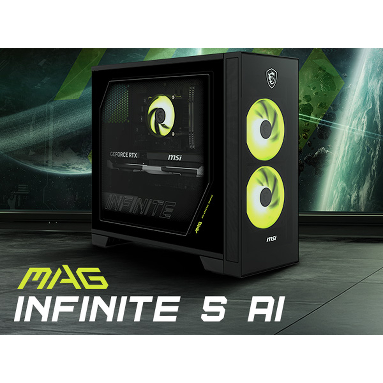 Un PC da gaming nero con ventole e logo verdi luminosi.
