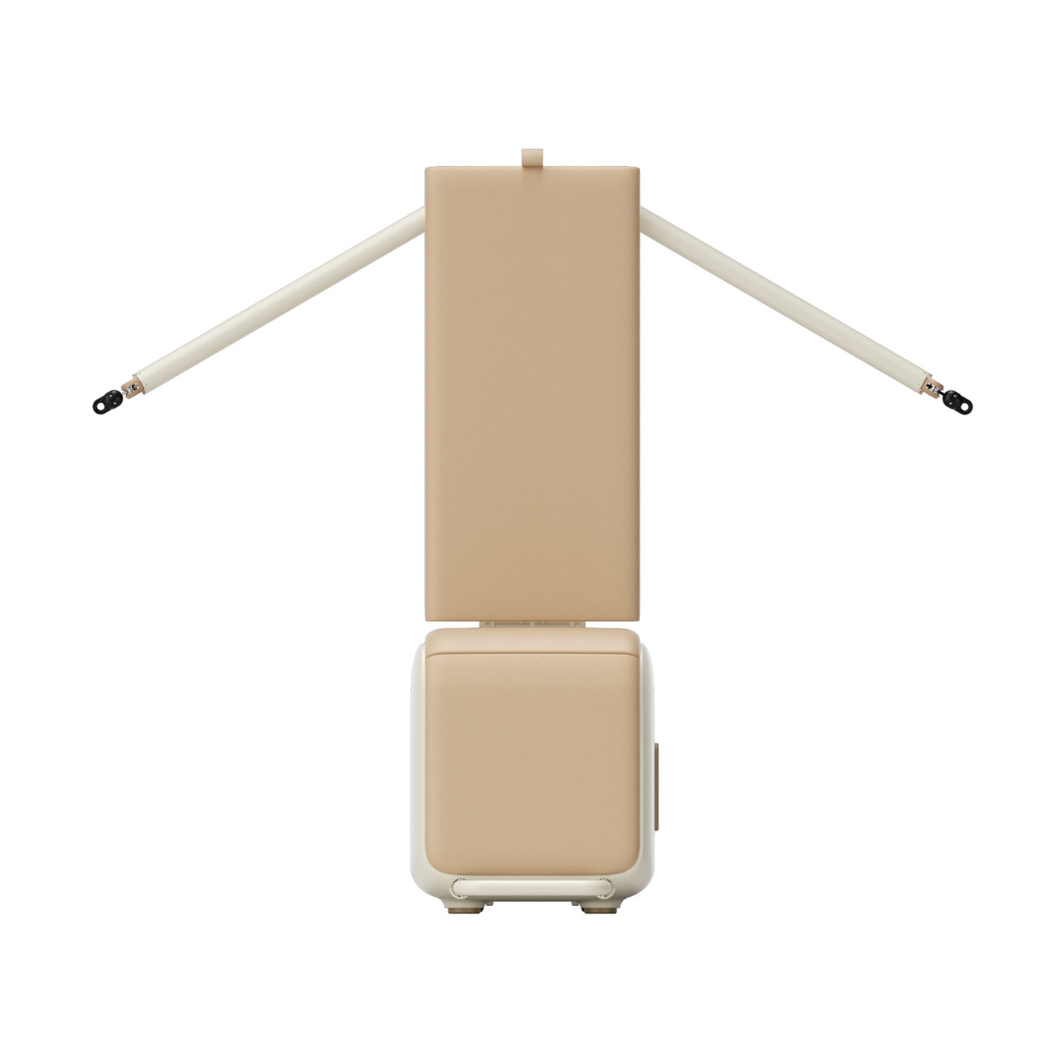 Una valigia beige con manici bianchi e finiture nere.