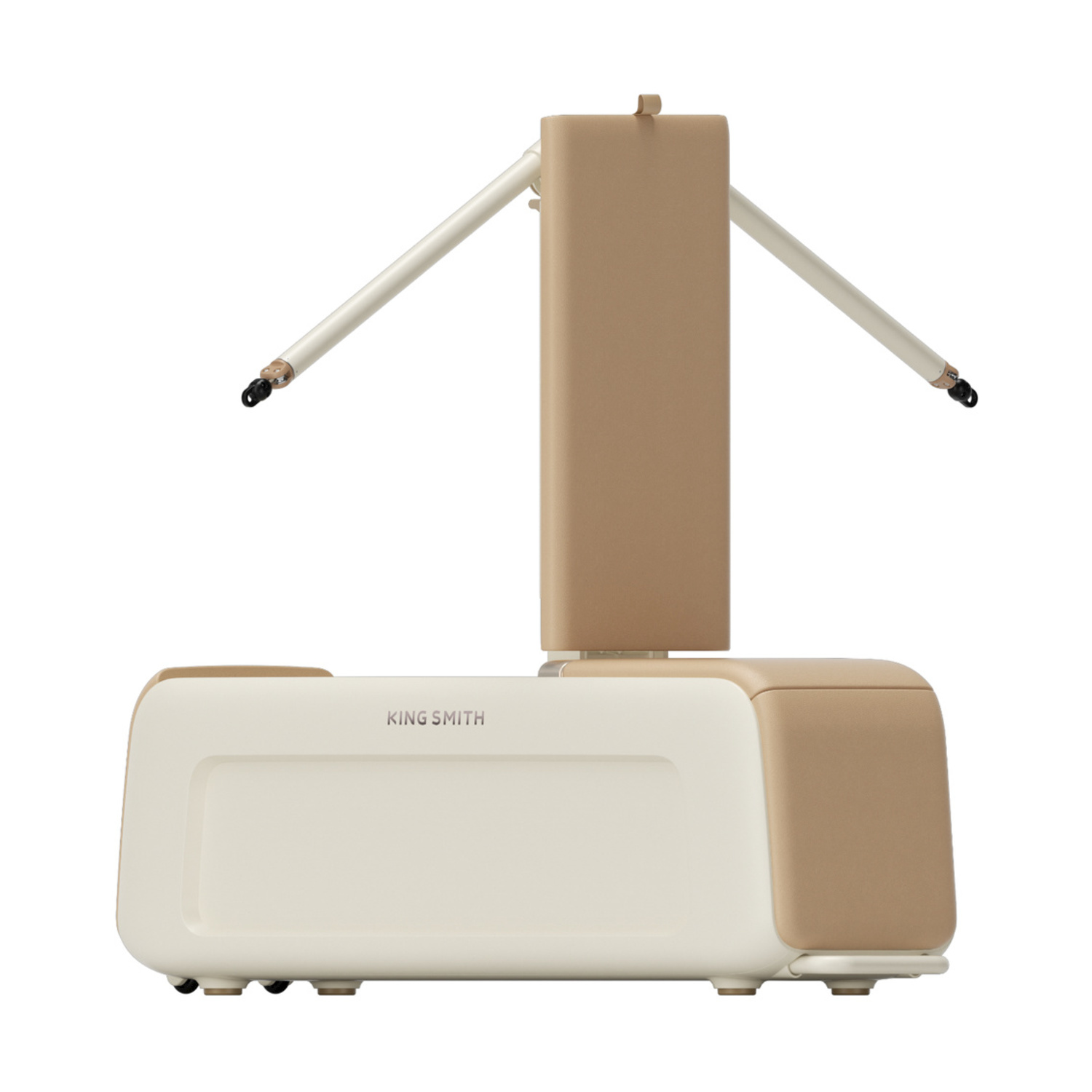Uno stendibiancheria King Smith beige con bracci estensibili e base rettangolare.