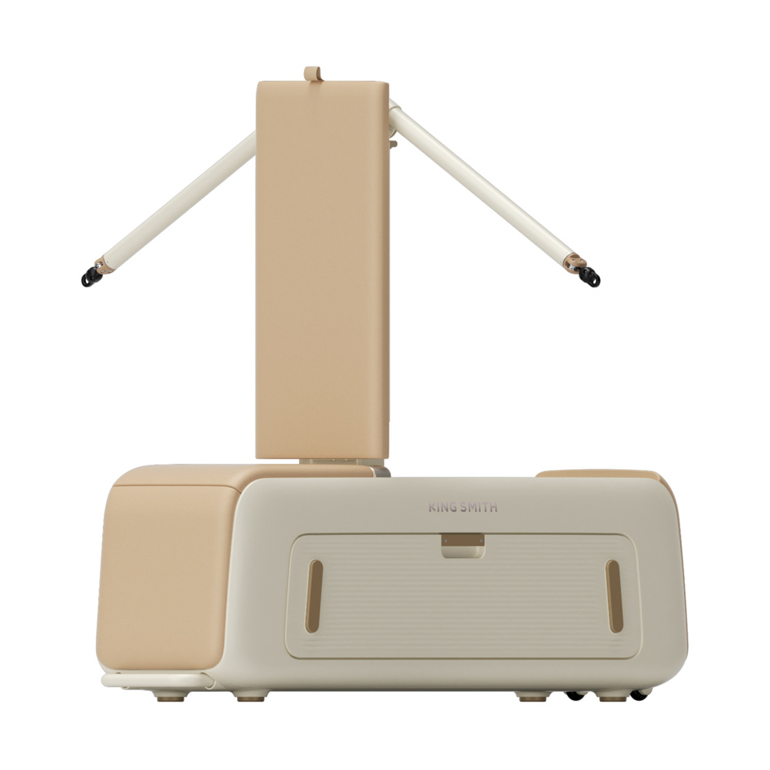Un robot rettangolare beige con due bracci estensibili e un vano.