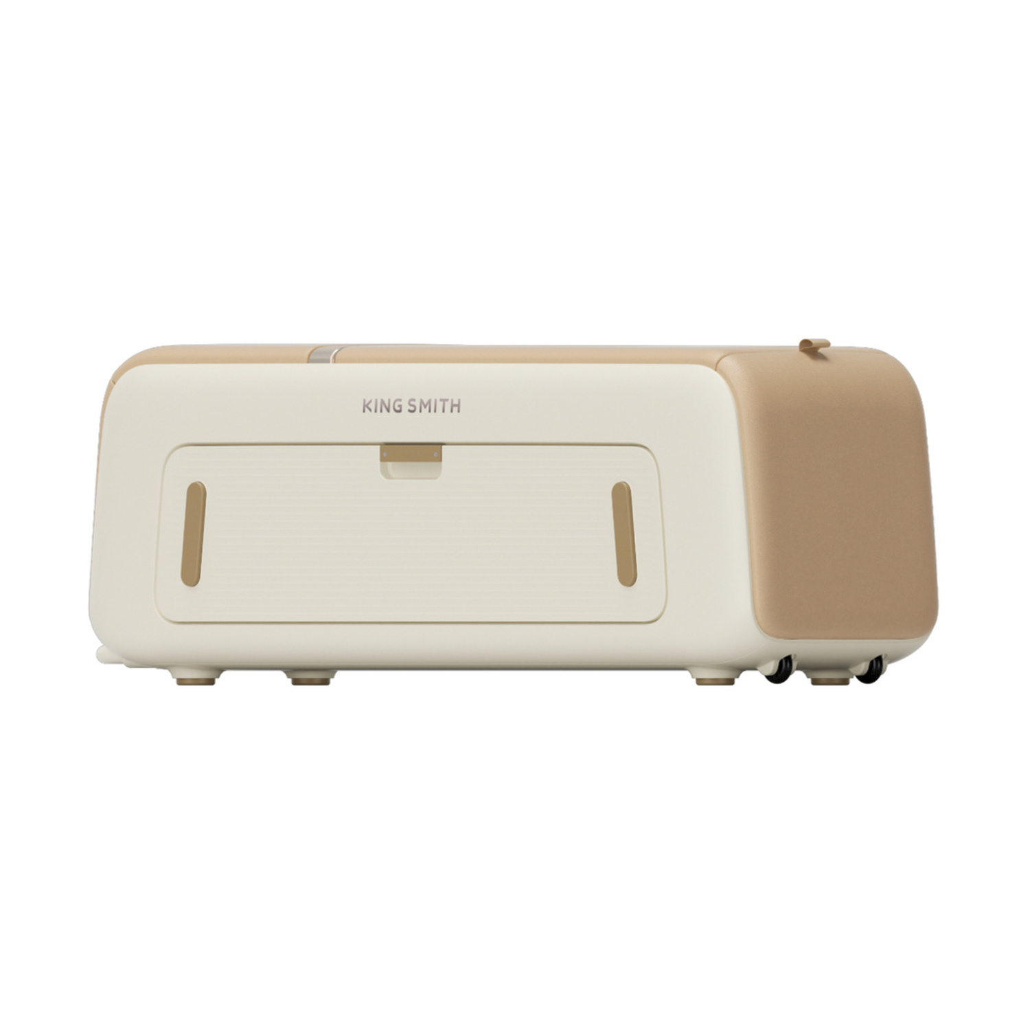 Un tostapane King Smith color crema e oro con cassetto e ruote.