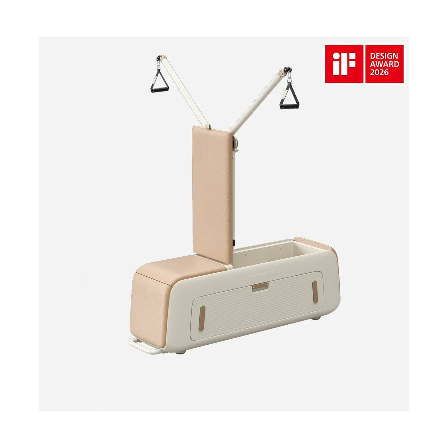 Macchina Pilates beige con maniglie argentate e logo IF Design Award 2026.