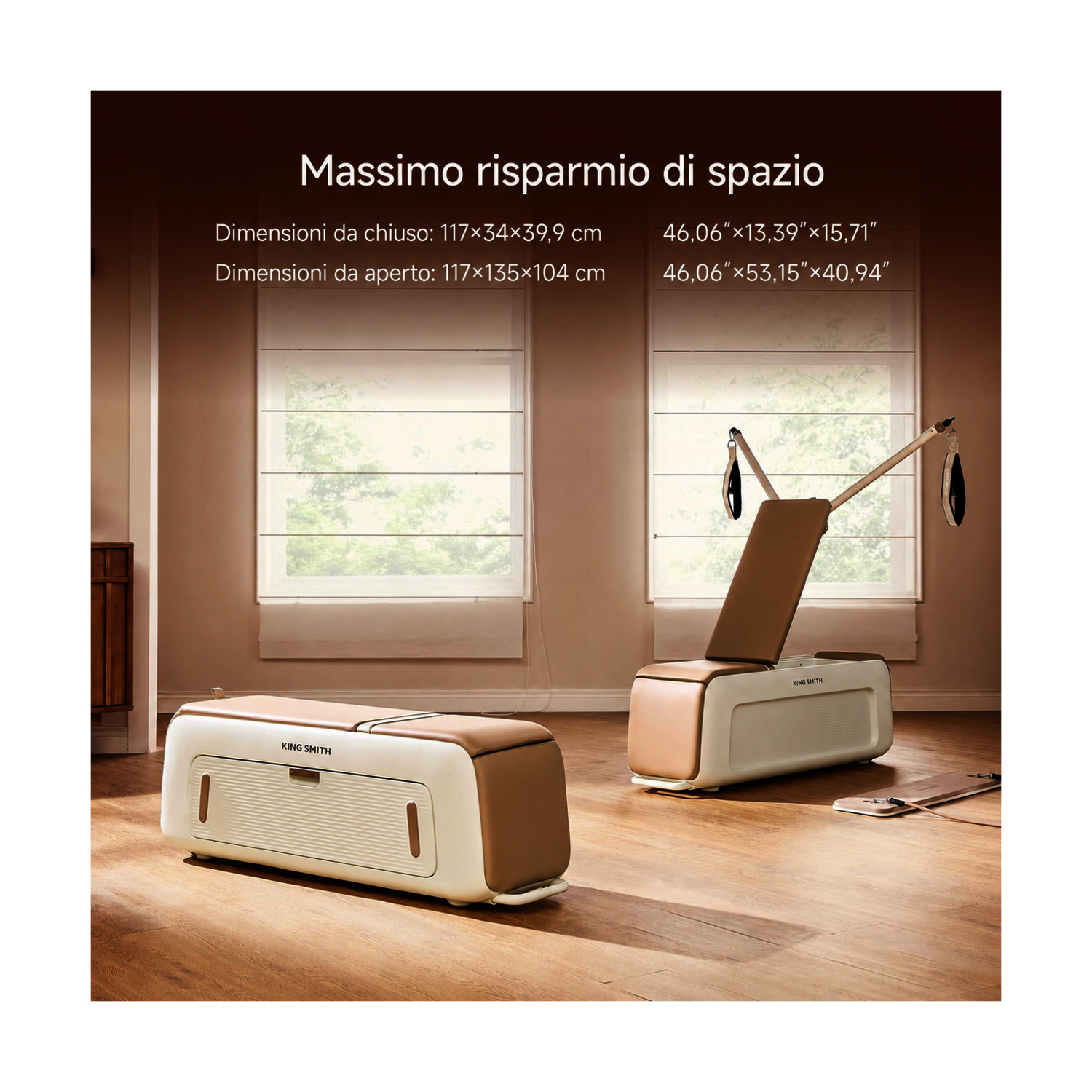 Due attrezzi fitness King Smith marroni e bianchi su parquet, uno chiuso, uno aperto.