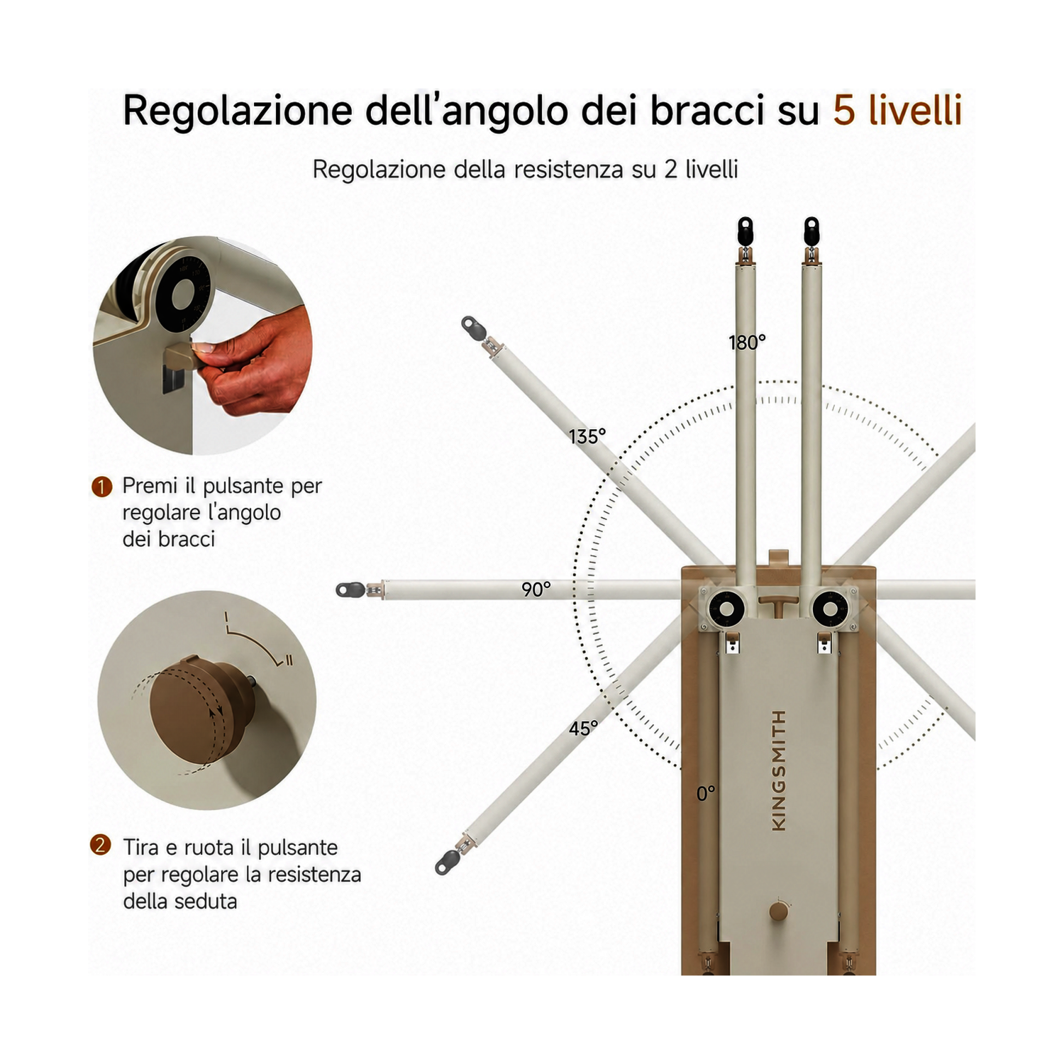 Istruzioni per regolare l'angolo del braccio e la resistenza di una macchina.