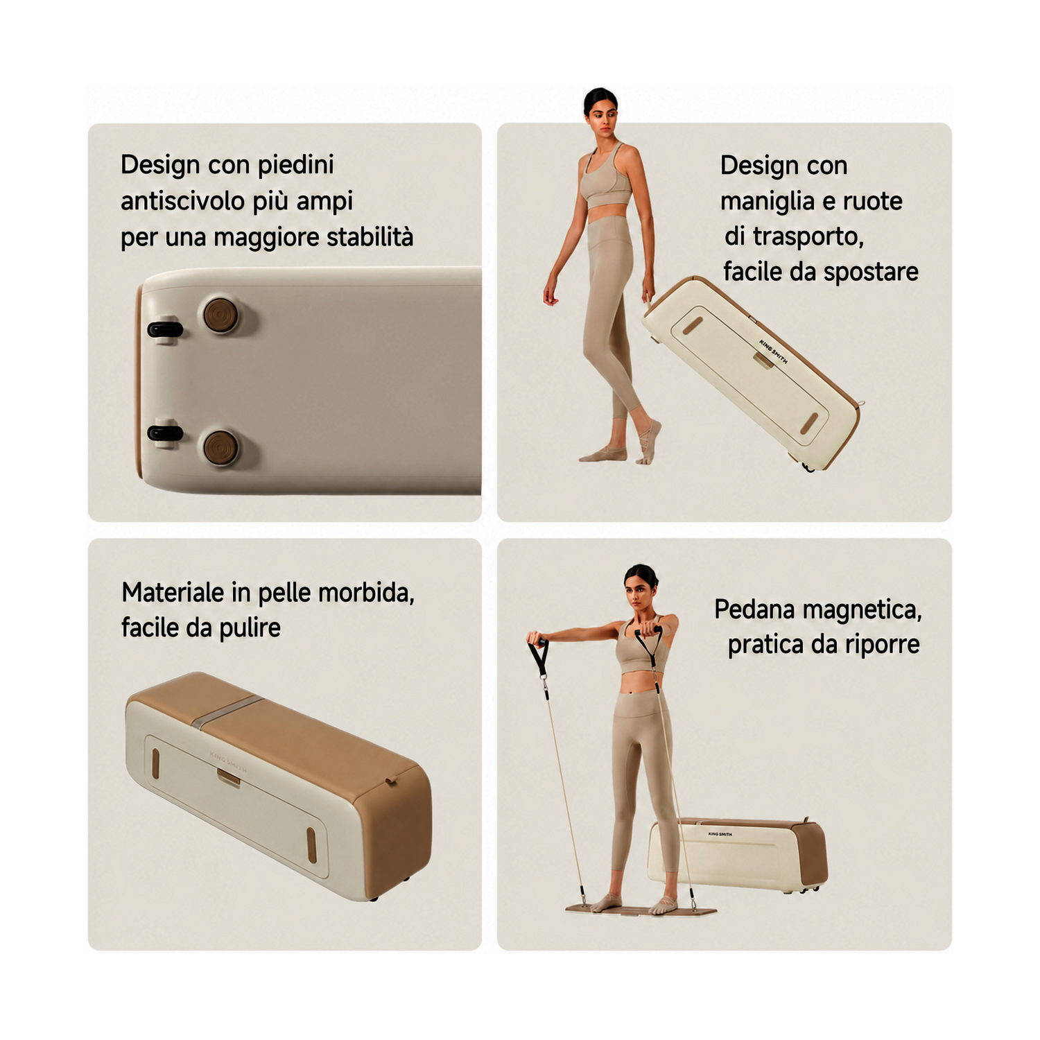 Un attrezzo fitness con maniglia, ruote, materiale morbido, piedini e tappetino.