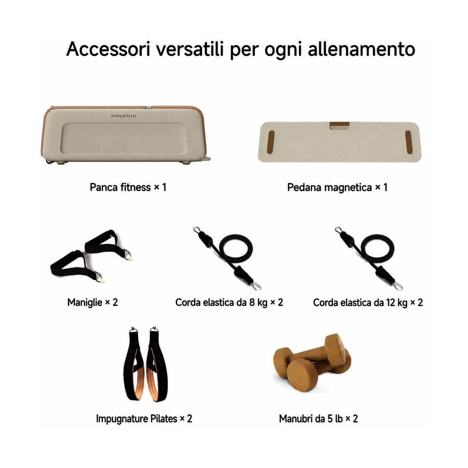 Panca fitness, pedana magnetica, maniglie, 2x corde elastiche da 8kg e 12kg, impugnature Pilates, 2x manubri 5lb.