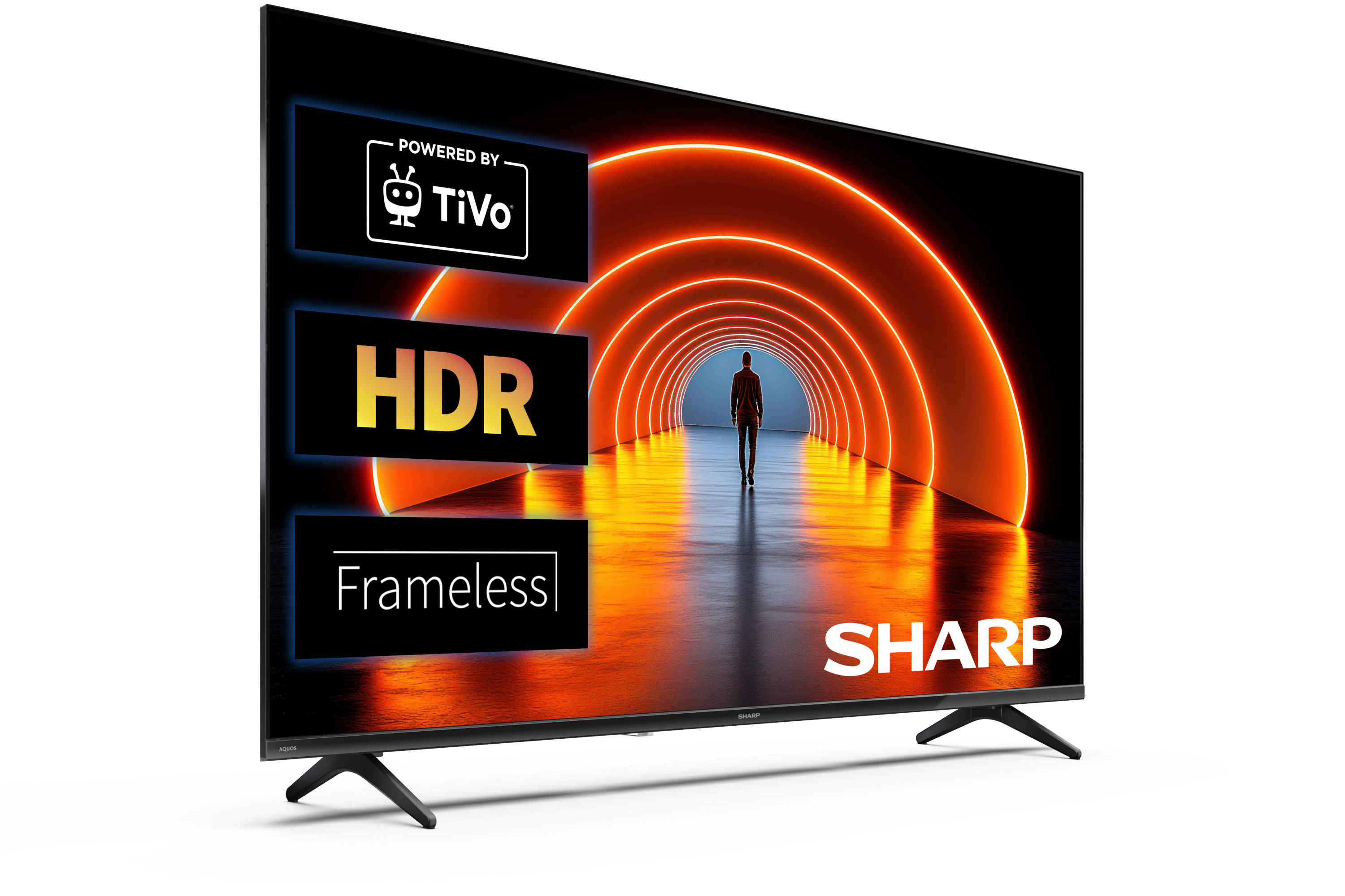 Telewizor Sharp wyświetla osobę w neonowym tunelu, z logotypami HDR i bezramkowym.