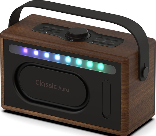 Ein brauner Holzradio mit schwarzem Griff und bunten Lichtern.