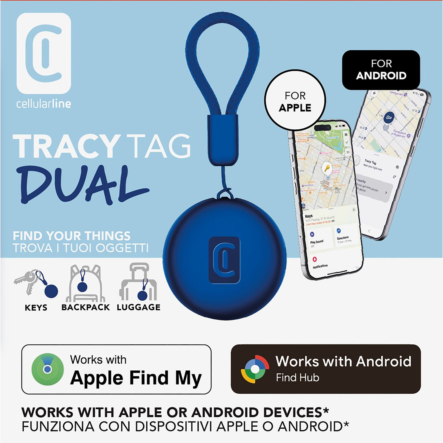 Packaging localizador azul con logo CellularLine, dos móviles, iconos de llaves, mochila y maleta. Texto: funciona con dispositivos Apple y Android, Apple Find My y Android Find Hub.