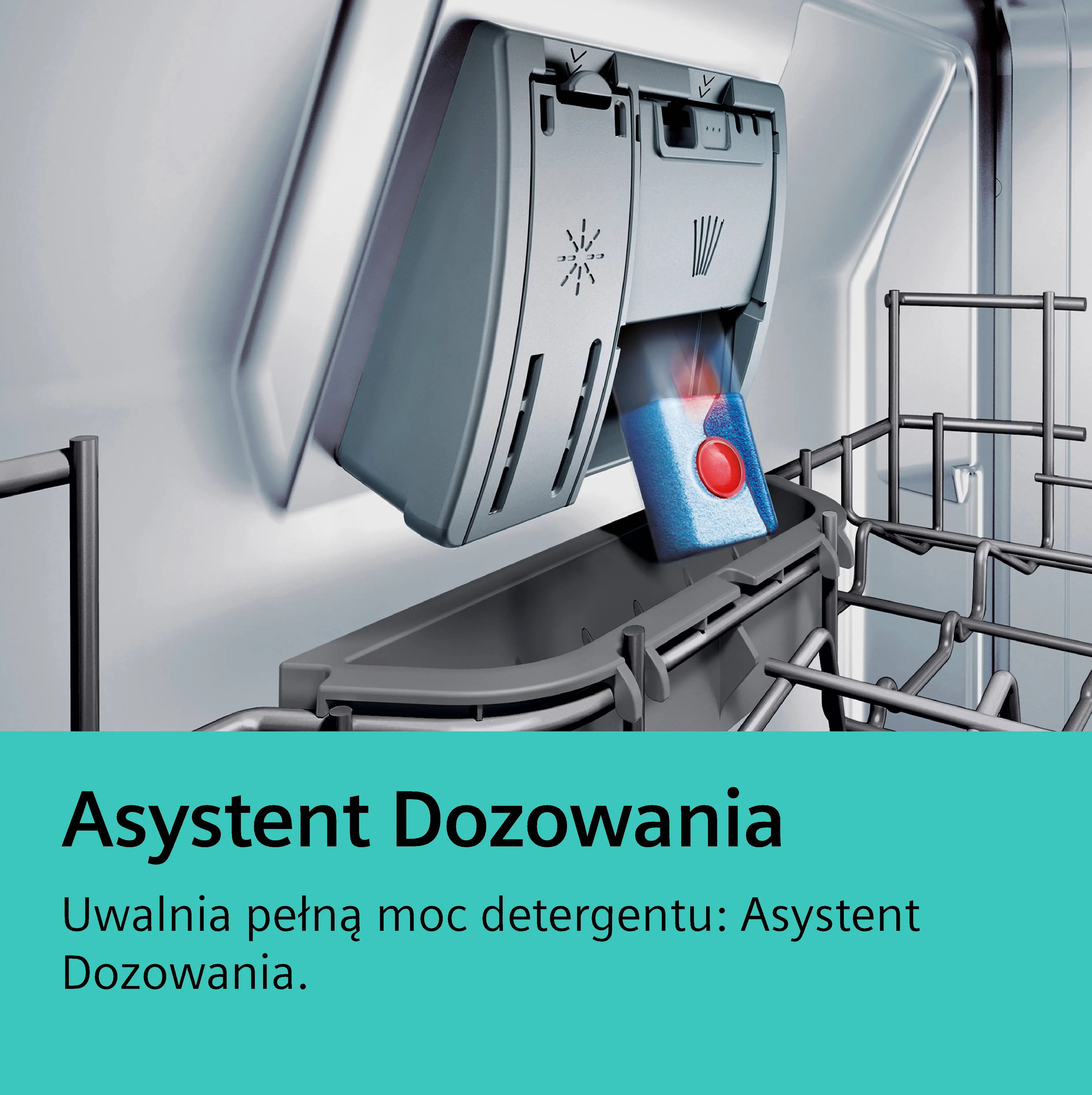 Karta do zmywarki w komorze dozownika z czerwonym przyciskiem.