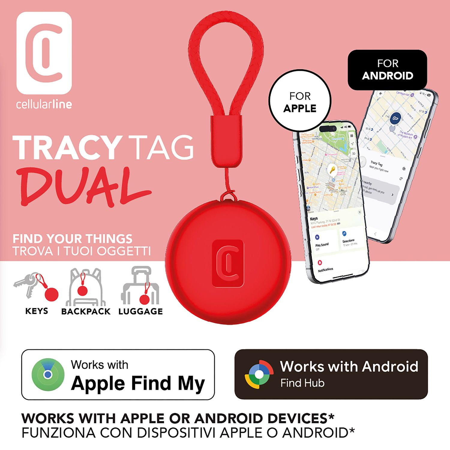 Packaging localizador rojo con logo CellularLine, dos móviles, iconos de llaves, mochila y maleta. Texto: funciona con dispositivos Apple y Android, Apple Find My y Android Find Hub.