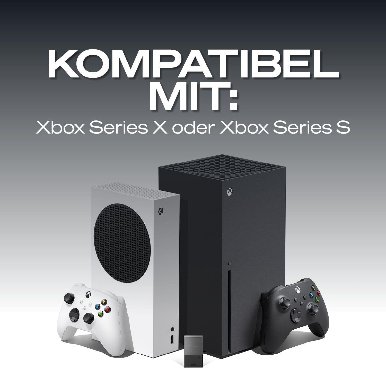 Consoles Xbox Series X et S avec manettes blanche et noire et un SSD portable.