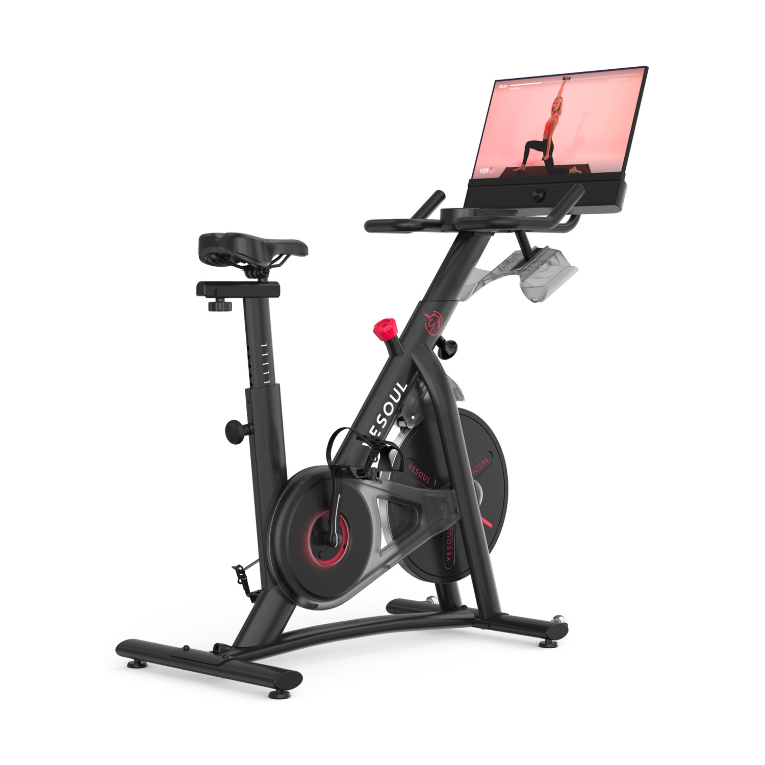 Una cyclette nera con uno schermo che mostra un istruttore di yoga.