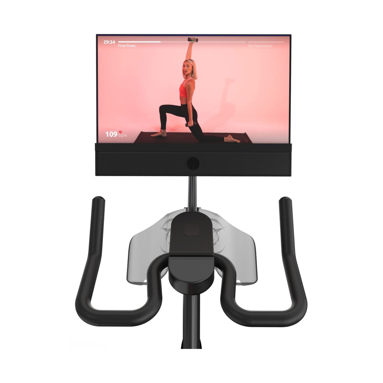 Una cyclette con schermo che mostra una donna in abbigliamento sportivo mentre esegue una posa yoga.