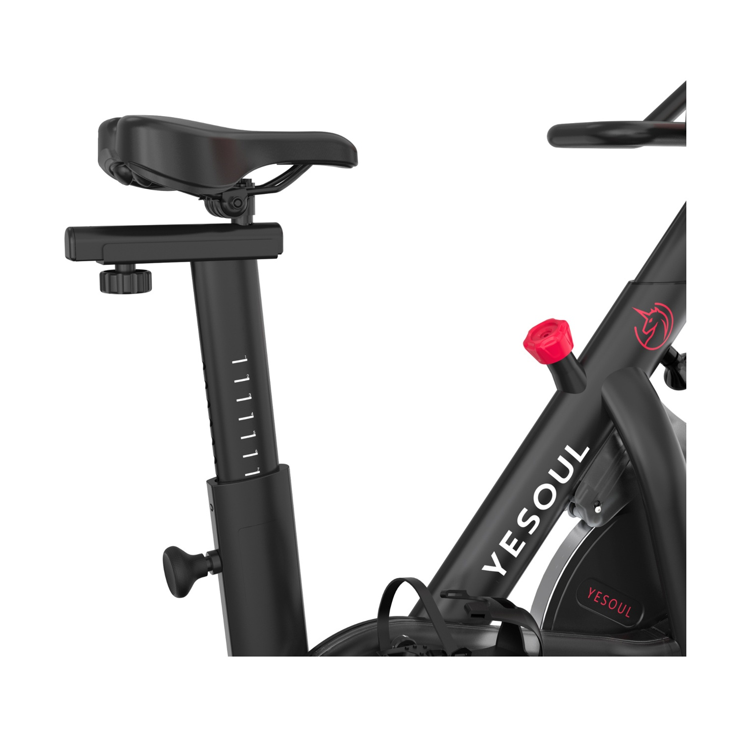 Primo piano di una cyclette nera con manopola di regolazione rossa e logo YESOUL.