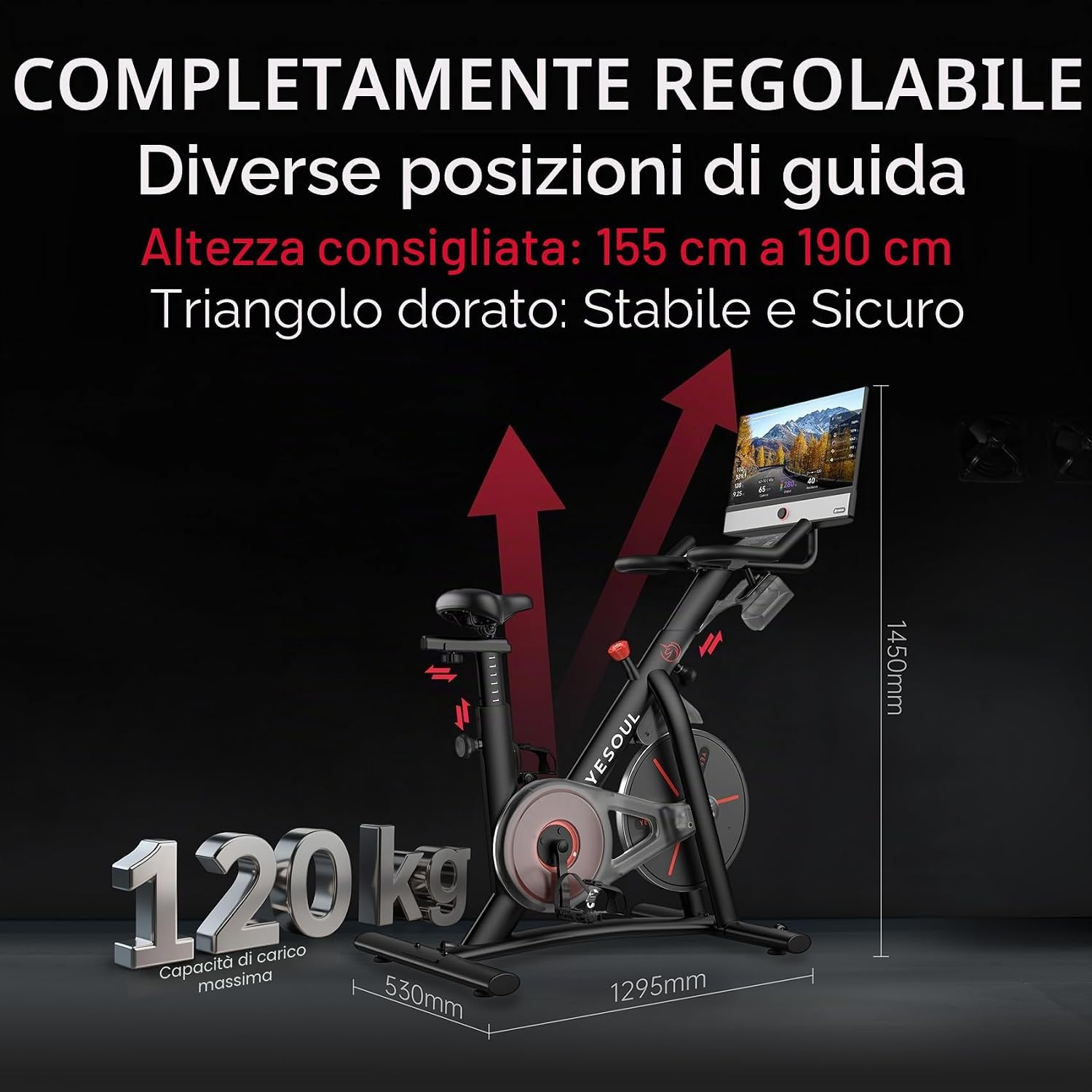 Cyclette nera con display digitale e misure.