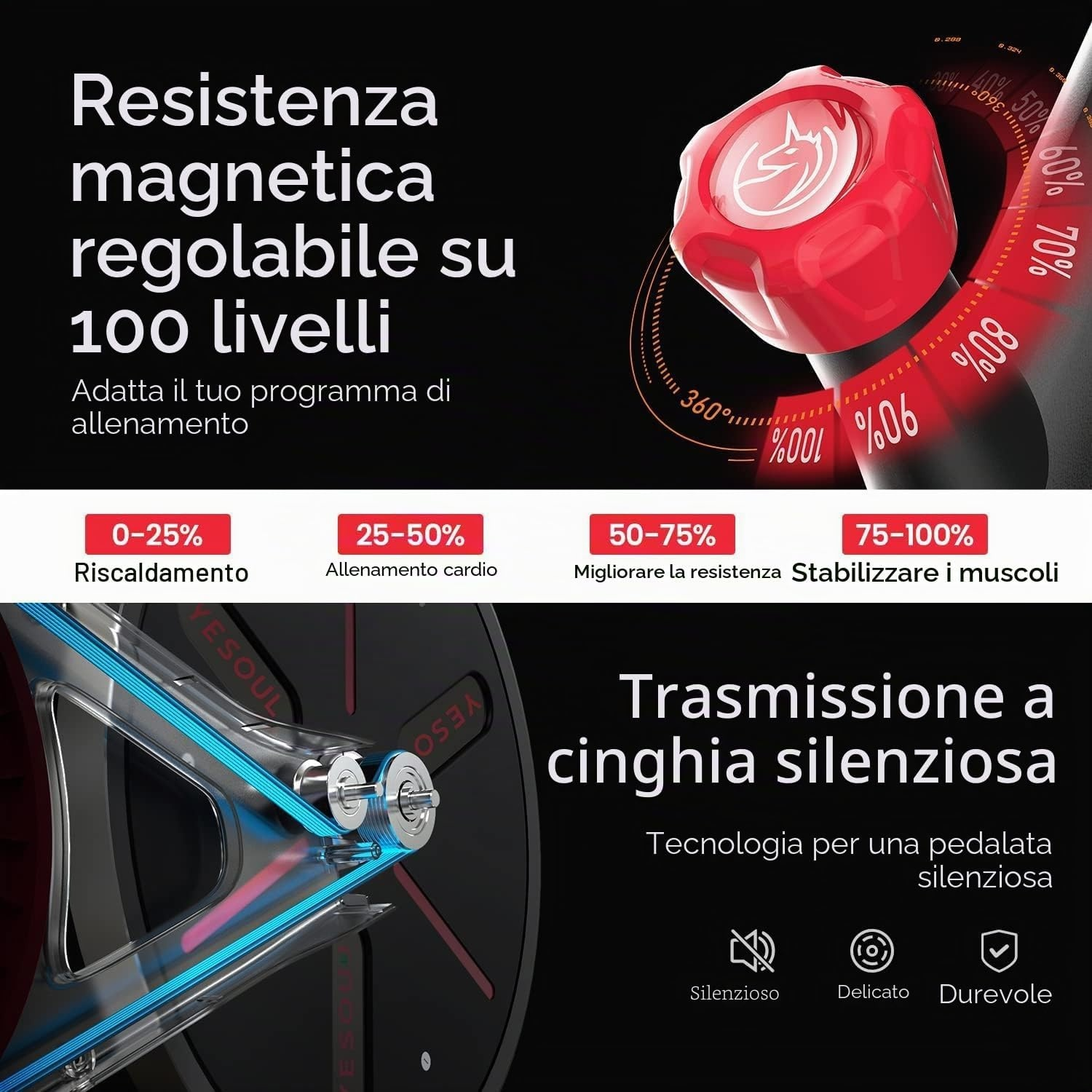 Manopola rossa con 100 livelli di resistenza e zone di allenamento. Trasmissione a cinghia.