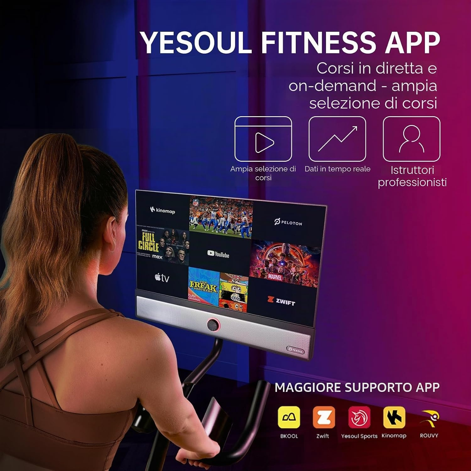 Una donna su una cyclette guarda uno schermo che mostra la YESOUL FITNESS APP.