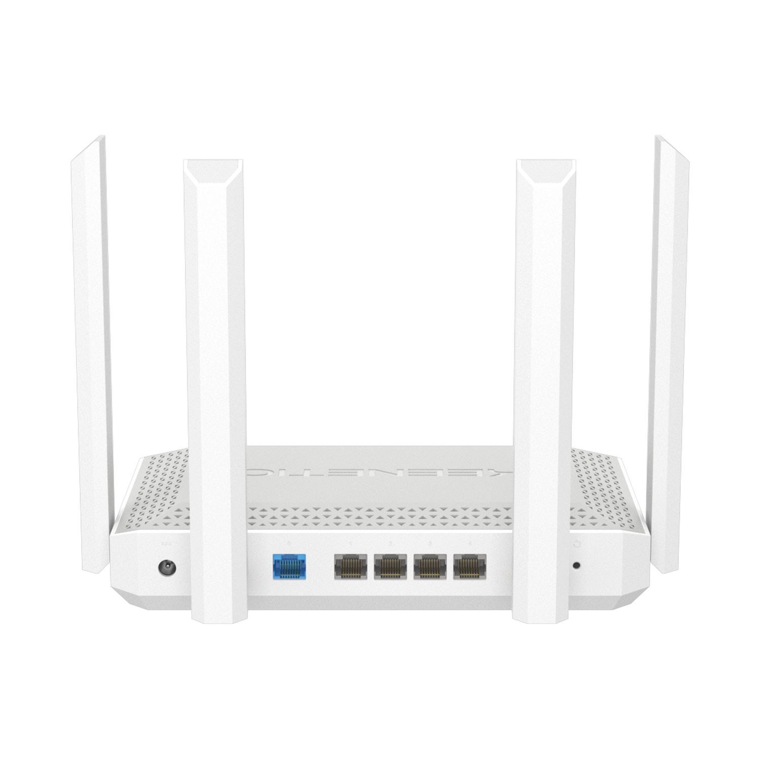 Un router Wi-Fi bianco con quattro antenne e porte Ethernet.