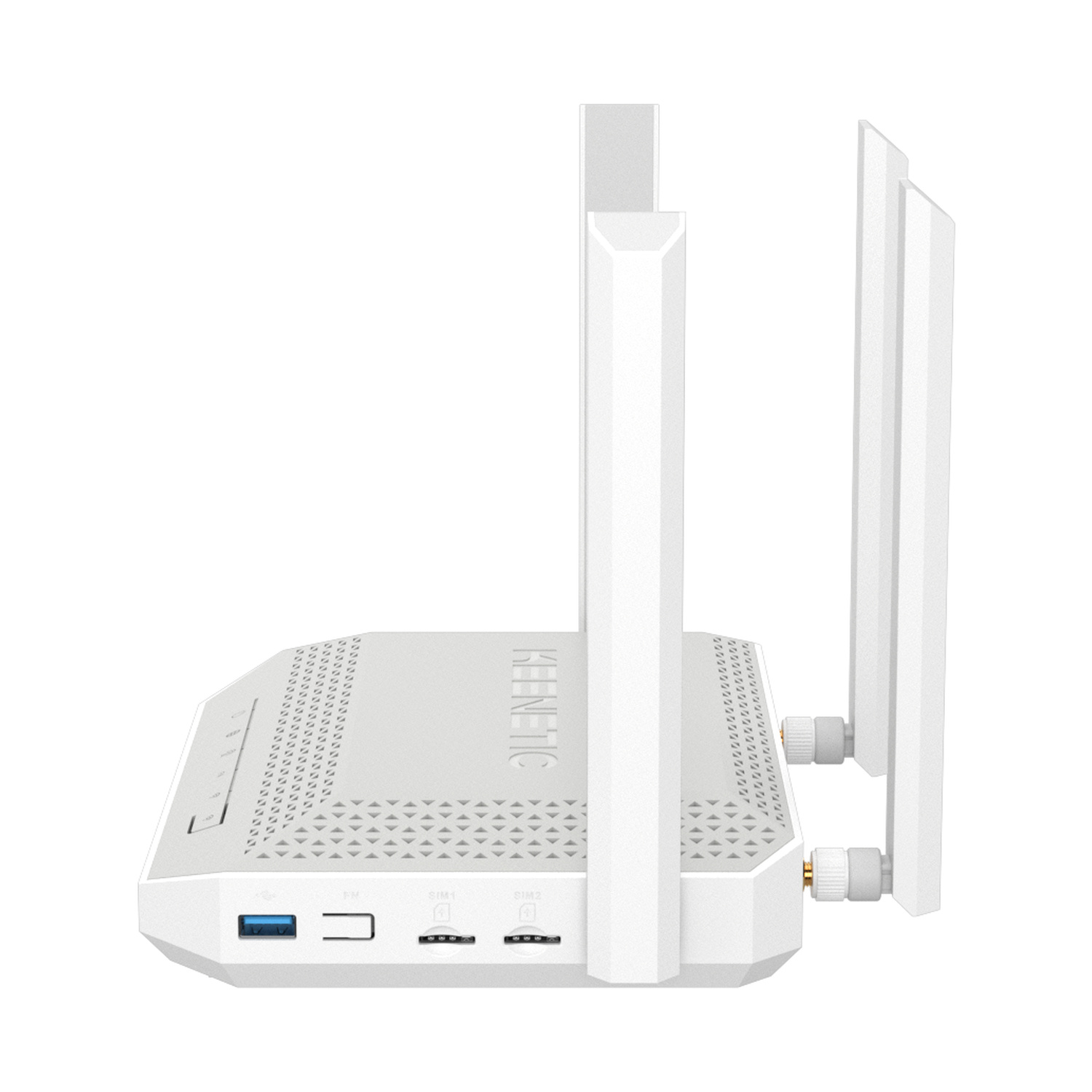 Router bianco con antenne, porte USB e SIM, logo KINETIC.