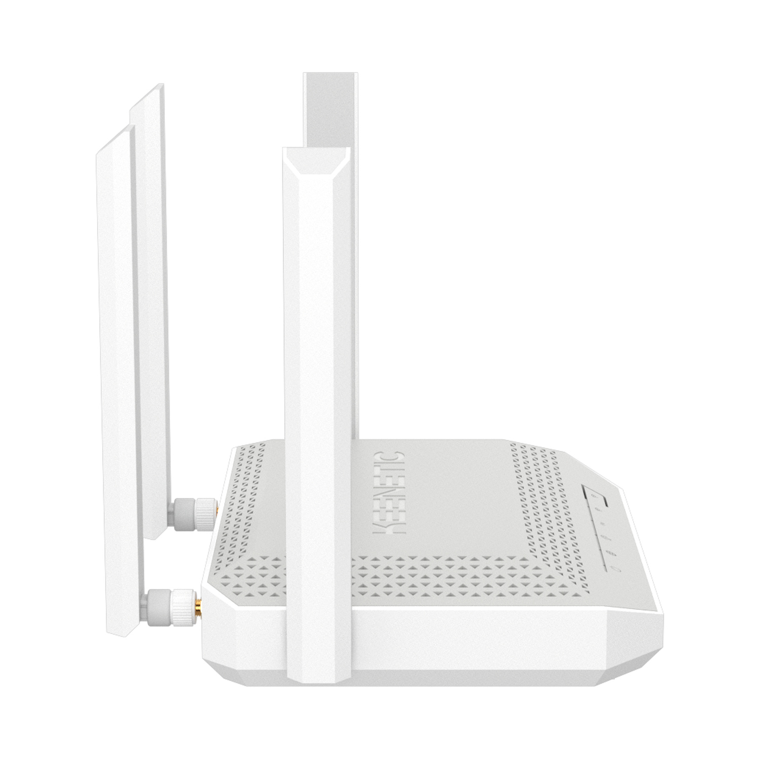 Un router Wi-Fi bianco con tre antenne, visto di lato.