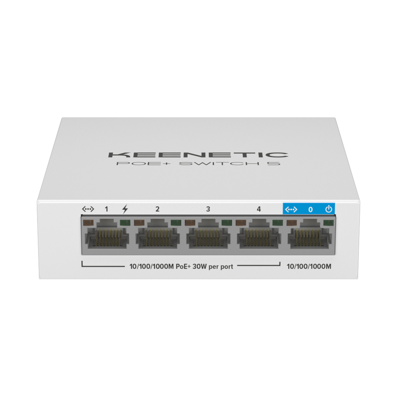 Uno switch Keenetic PoE+ bianco con 5 porte Ethernet e LED di stato.
