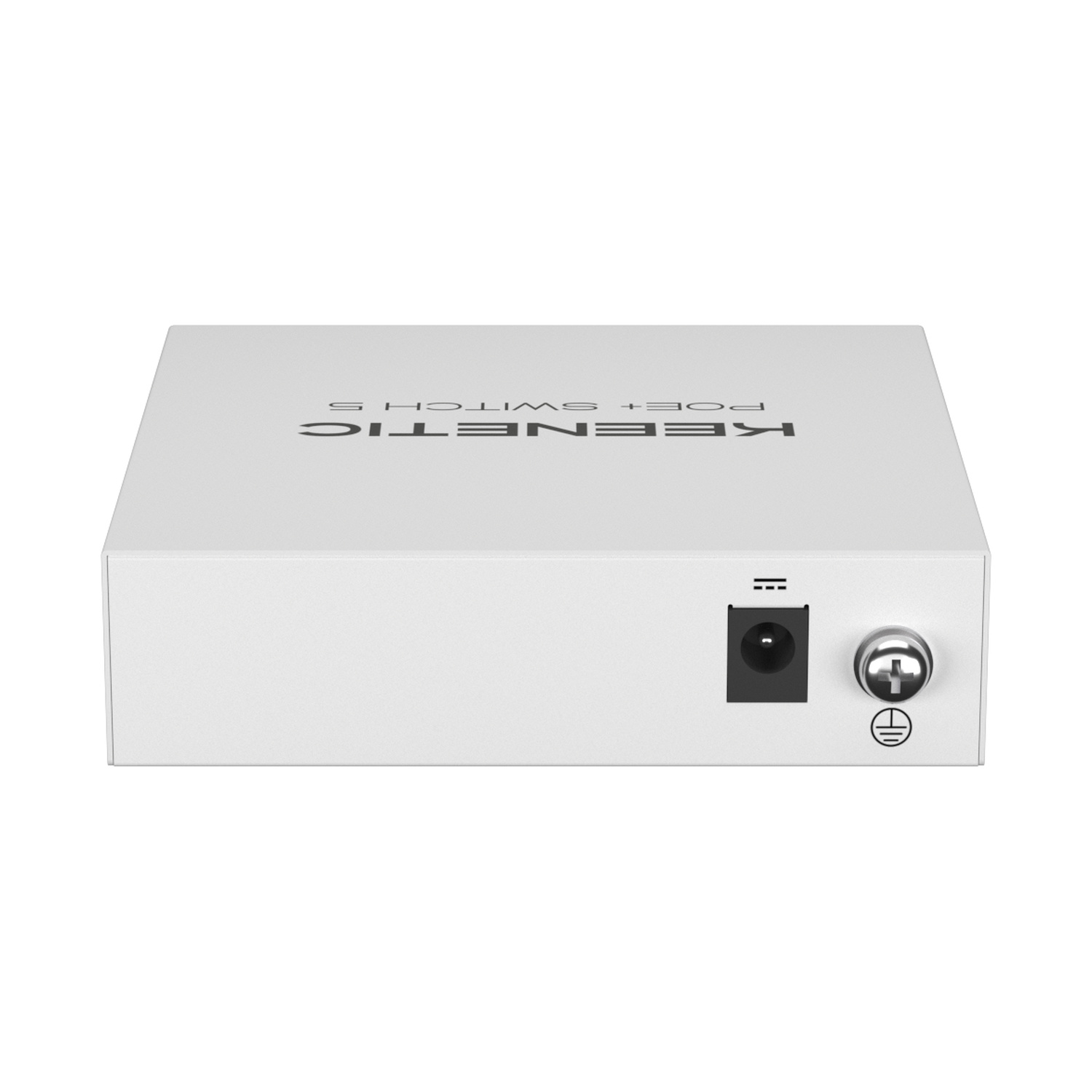 Scatola bianca Keenetic PoE+ Switch S con ingresso alimentazione e vite di terra.
