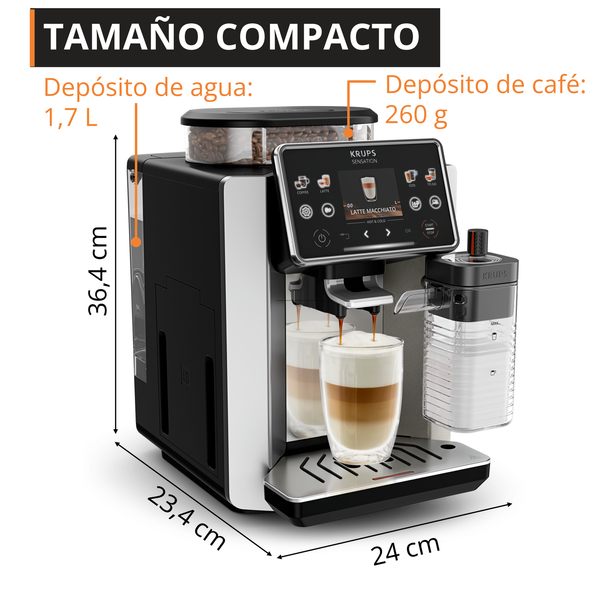Cafetera compacta preparando Latte Macchiato. Dimensiones: 36,4x23,4x24cm.