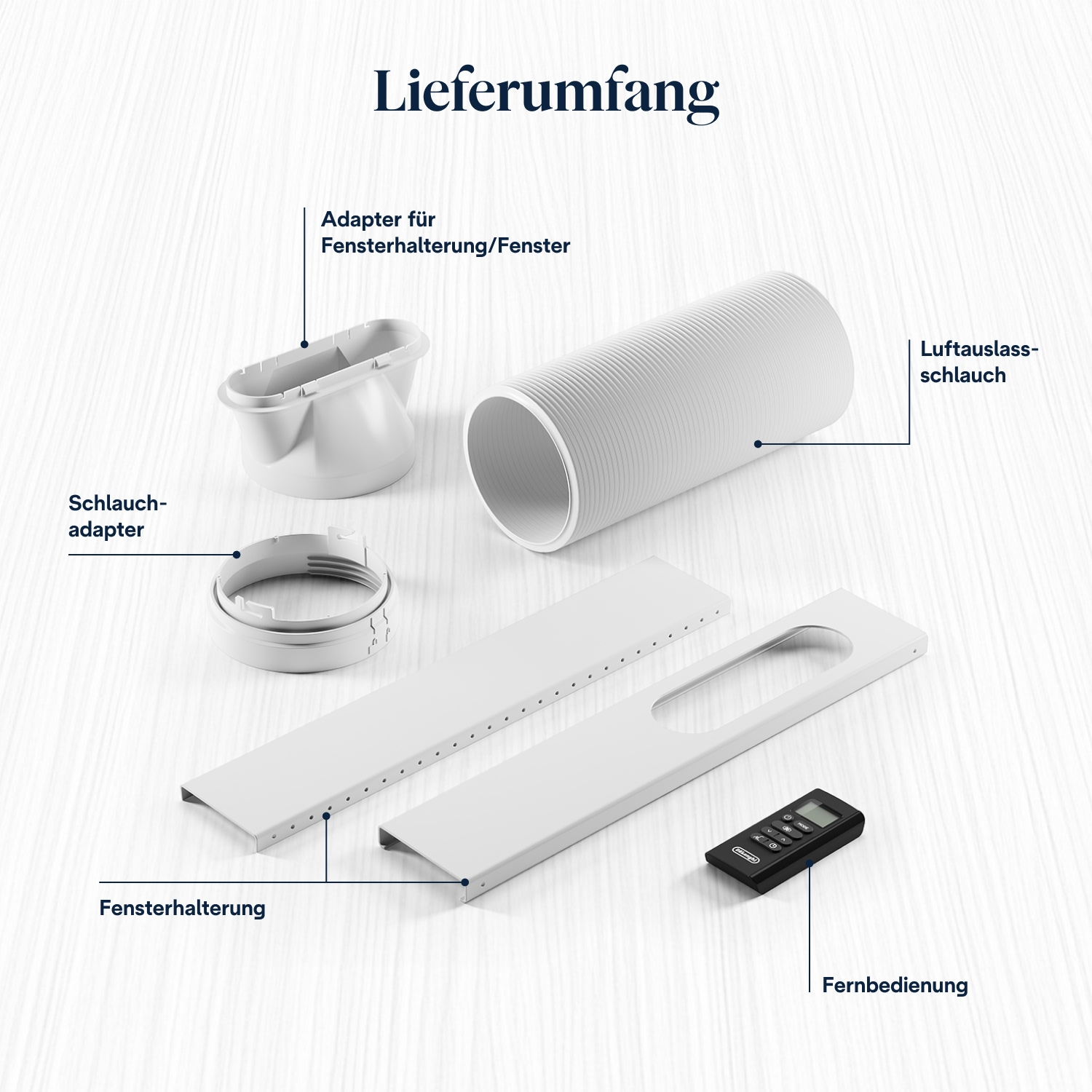 Lieferumfang: Schlauchadapter, Fensterhalterung, Adapter und Fernbedienung.