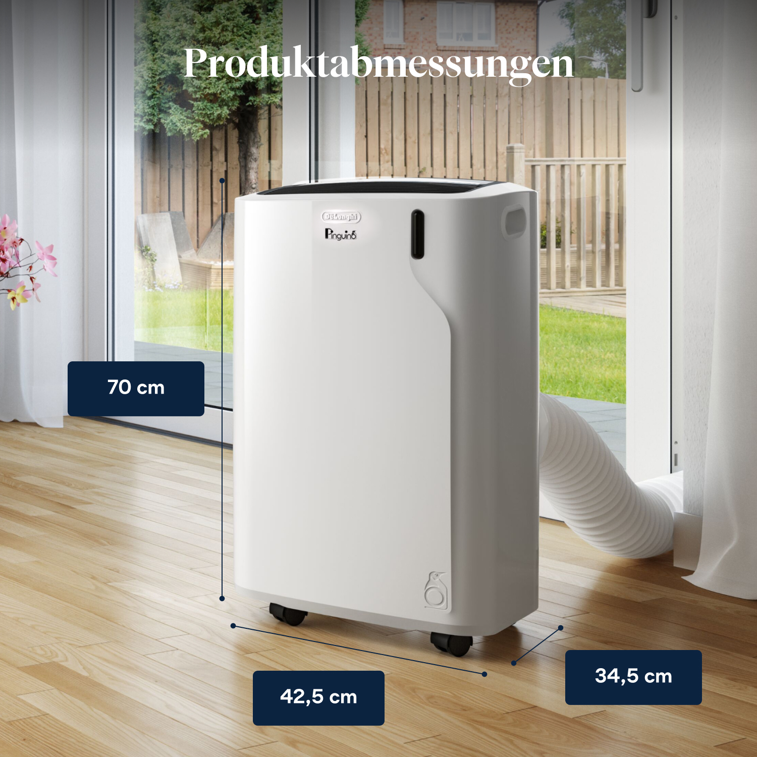 Ein weißer De'Longhi Pinguino mobile Klimaanlage mit Maßen 70x42,5x34,5 cm.