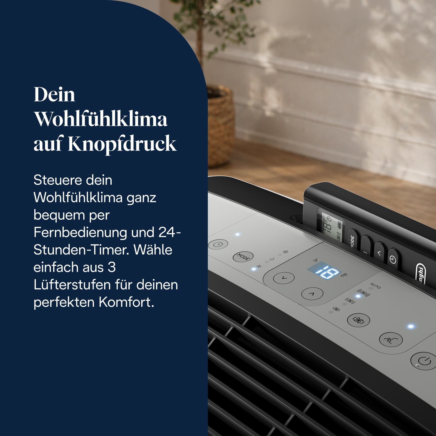 Ein Klimagerät mit Fernbedienung und digitalem Display zeigt 18°C an.