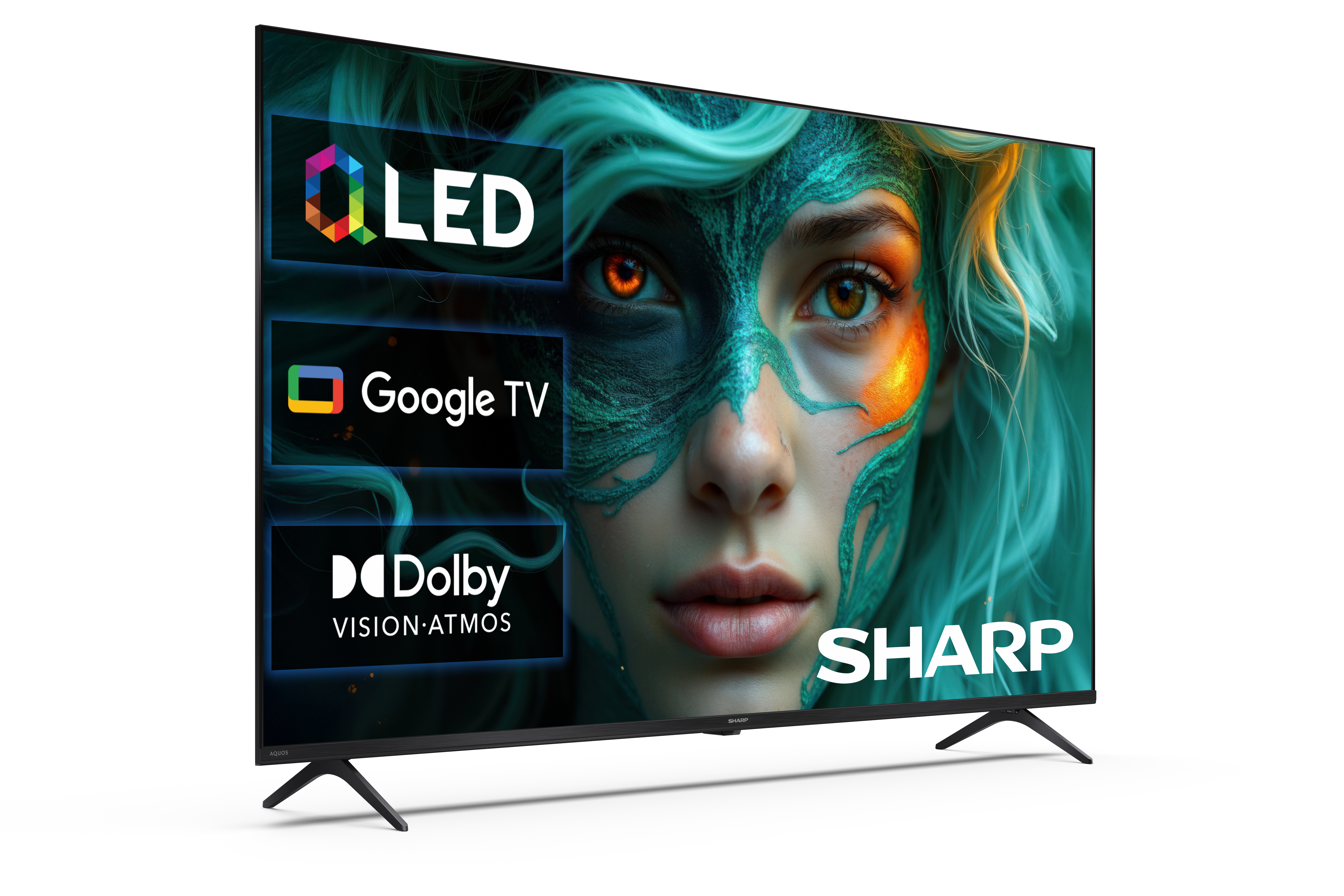 Nowoczesny telewizor Sharp LED Google TV z Dolby Vision Atmos i grafiką twarzy.