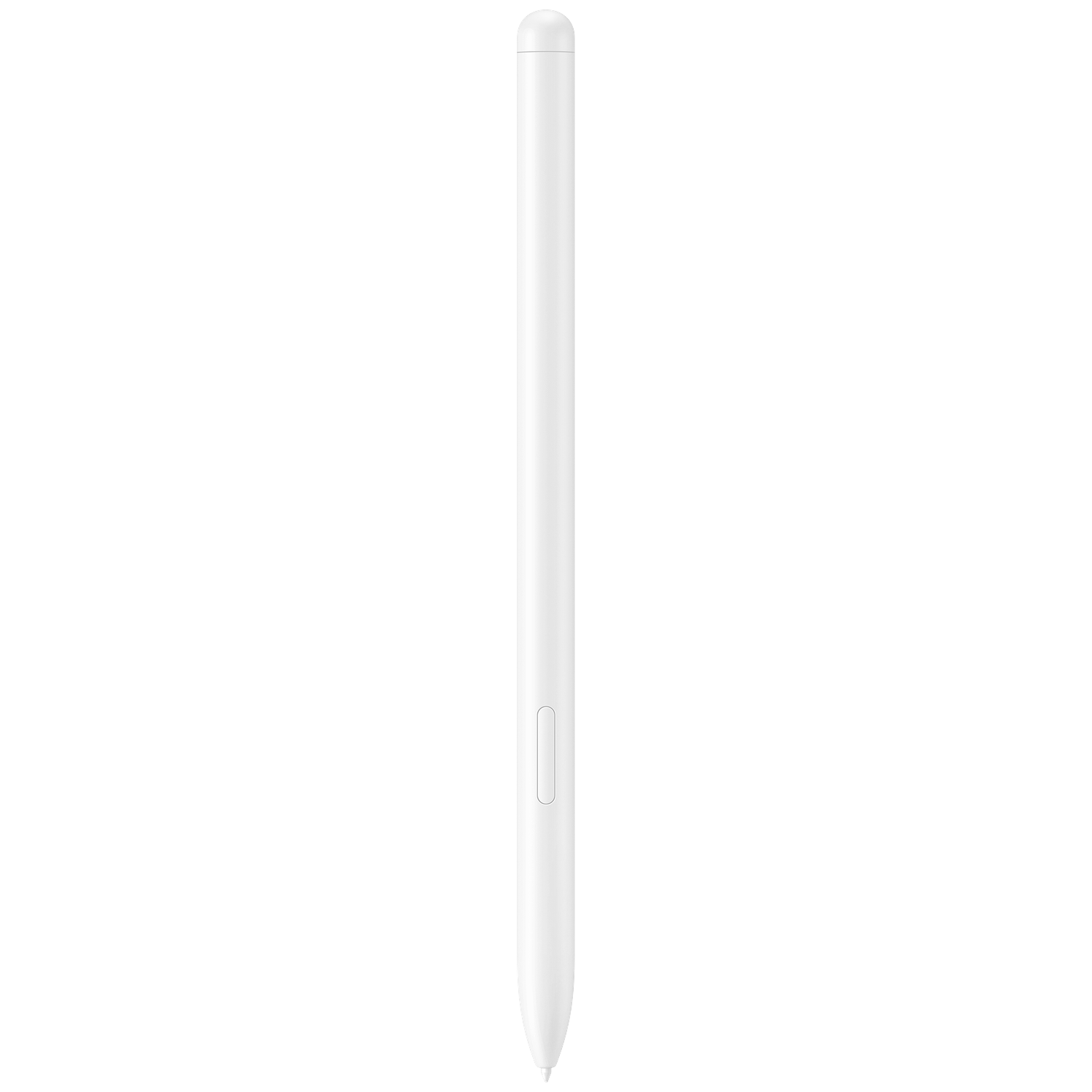 A white stylus pen with a rounded top and a pointed tip.