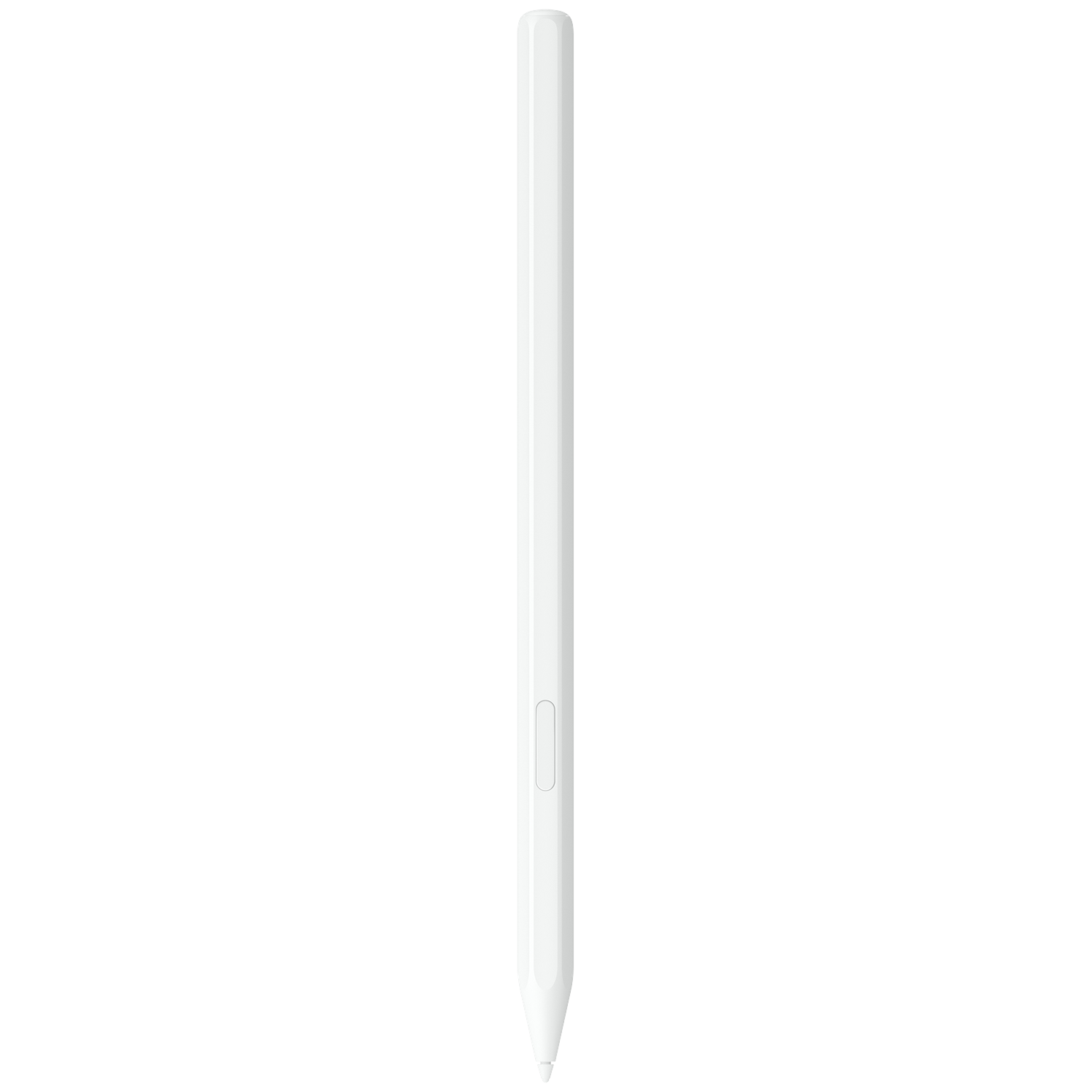 A white stylus with an oval button on its left side.