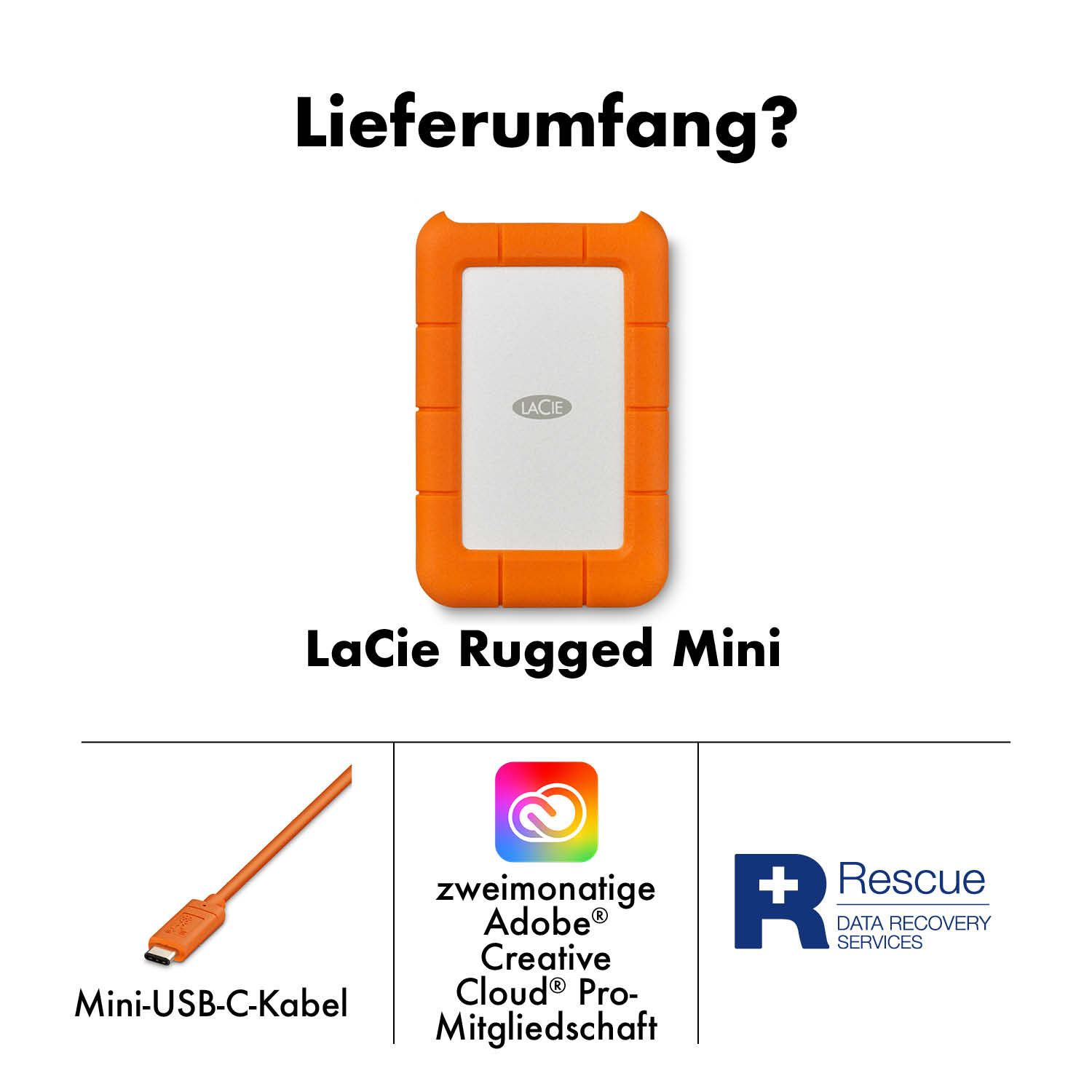 Contenuto: LaCie Rugged Mini, cavo, abbonamento Adobe Cloud, servizi Rescue.