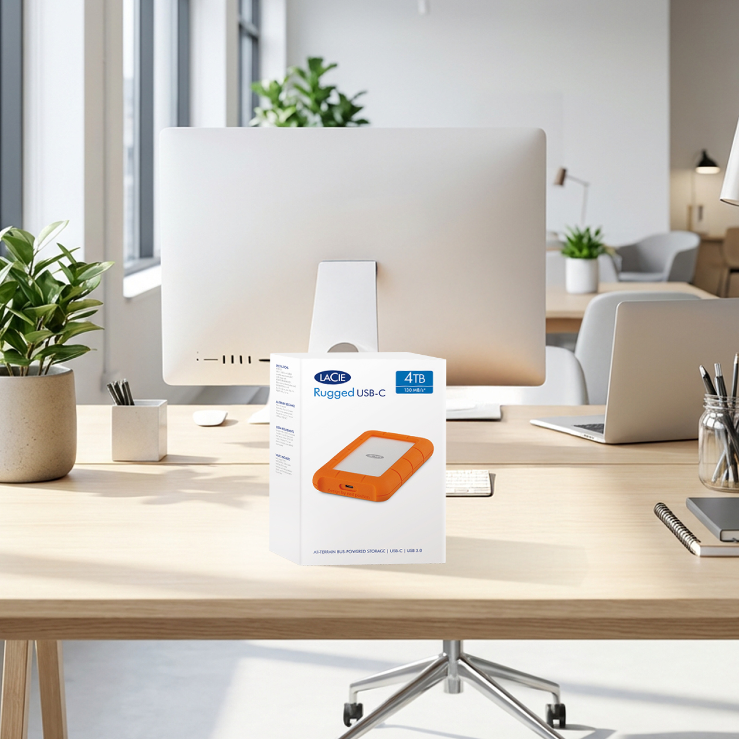 Hard disk LaCie Rugged USB-C 4TB arancione con confezione su una scrivania.