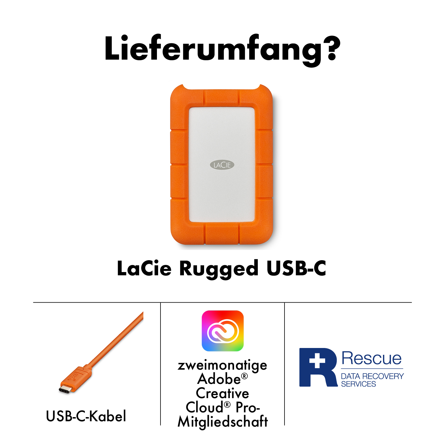 Unità LaCie Rugged USB-C arancione con cavo e offerta Adobe.