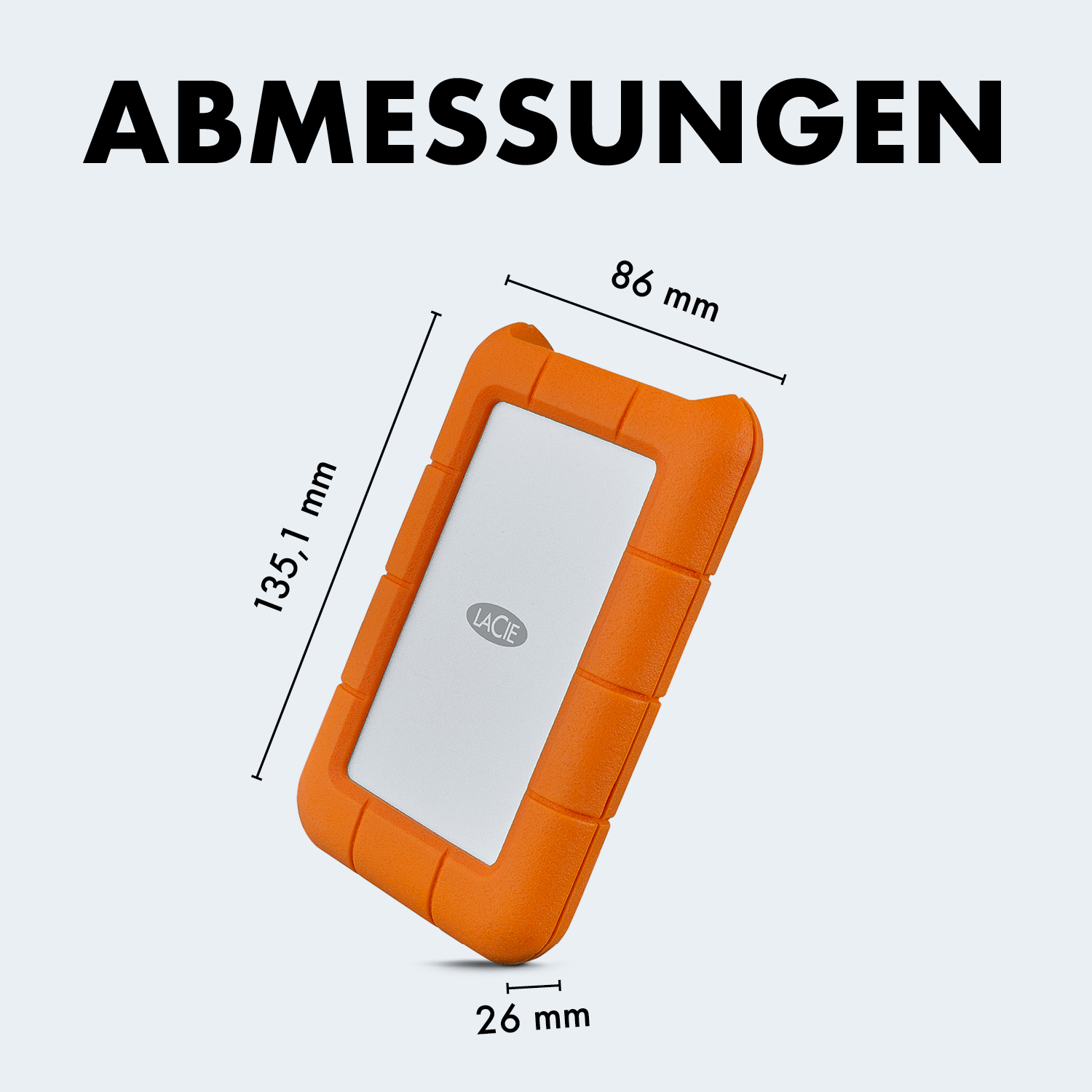 Hard disk esterno LaCie arancione con dimensioni: 135,1 mm A, 86 mm L, 26 mm P.