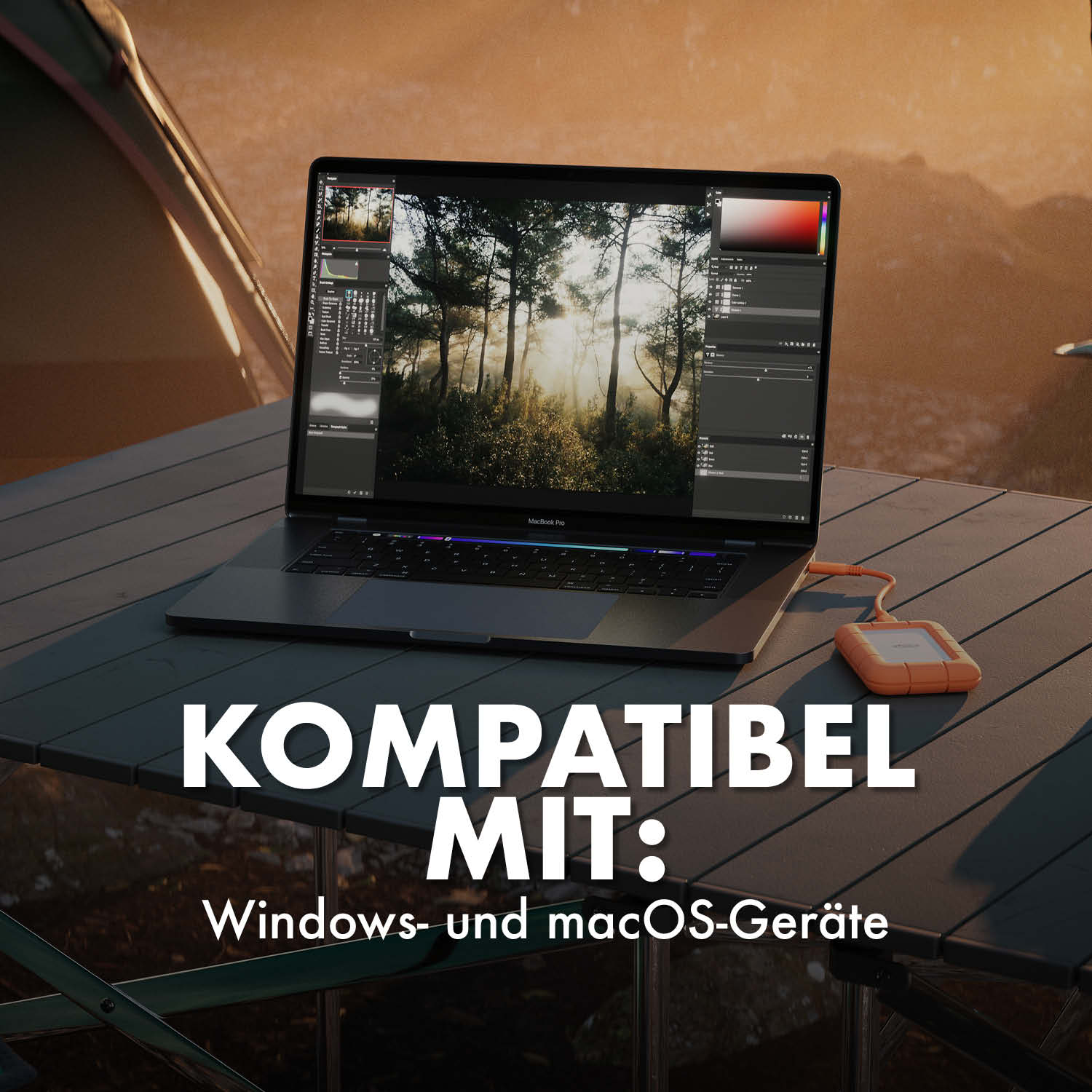 Ein MacBook Pro mit externer Festplatte steht auf einem Tisch vor einer Berglandschaft.