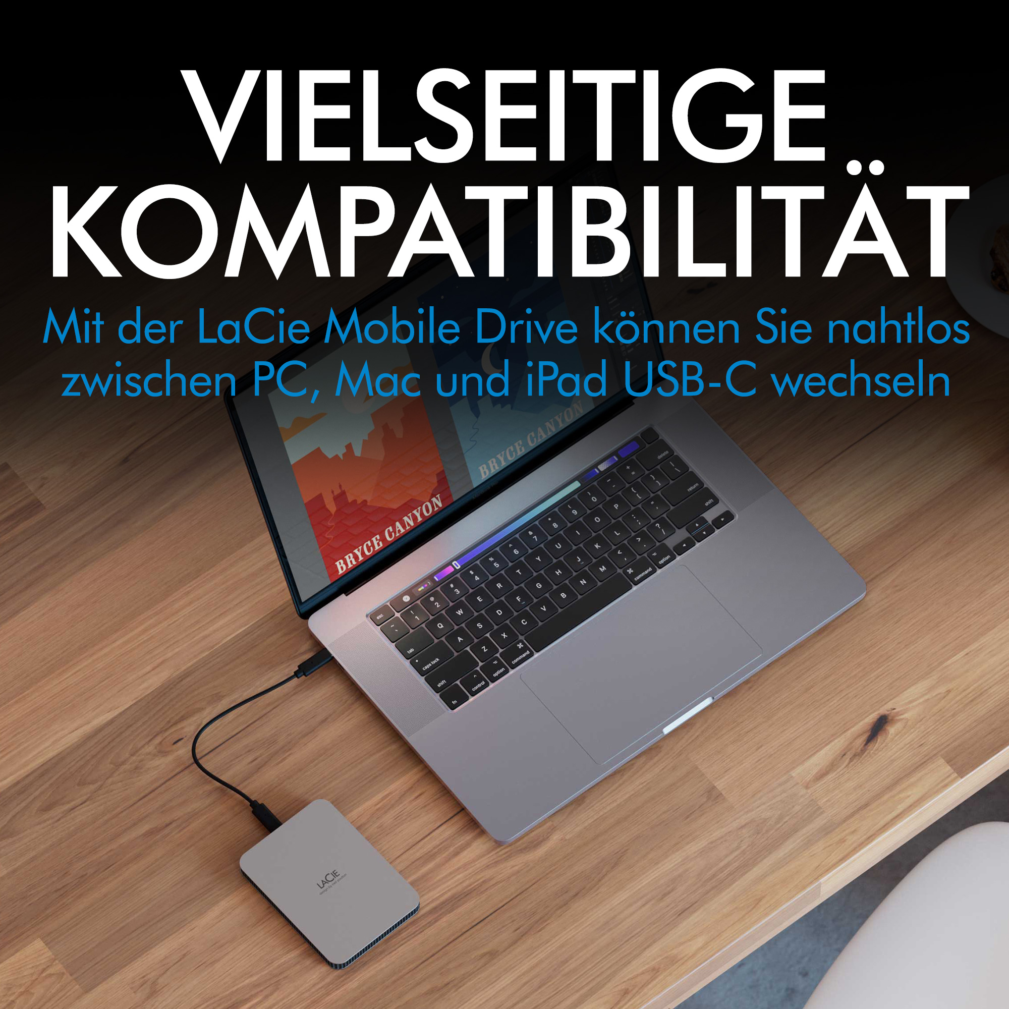 Un LaCie Mobile Drive è collegato a un laptop tramite USB-C.