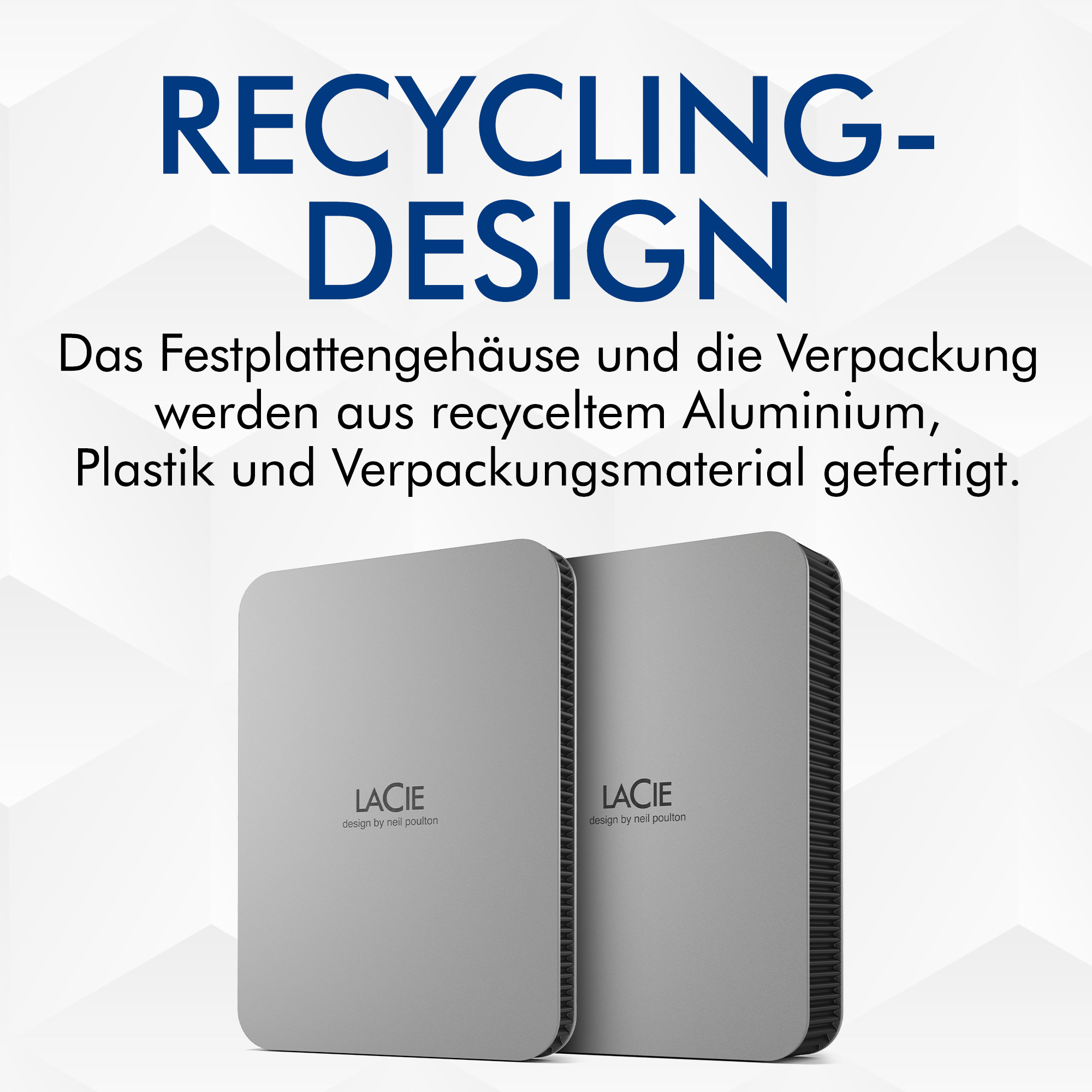 Due custodie argentate per hard disk LaCie su sfondo bianco con testo.