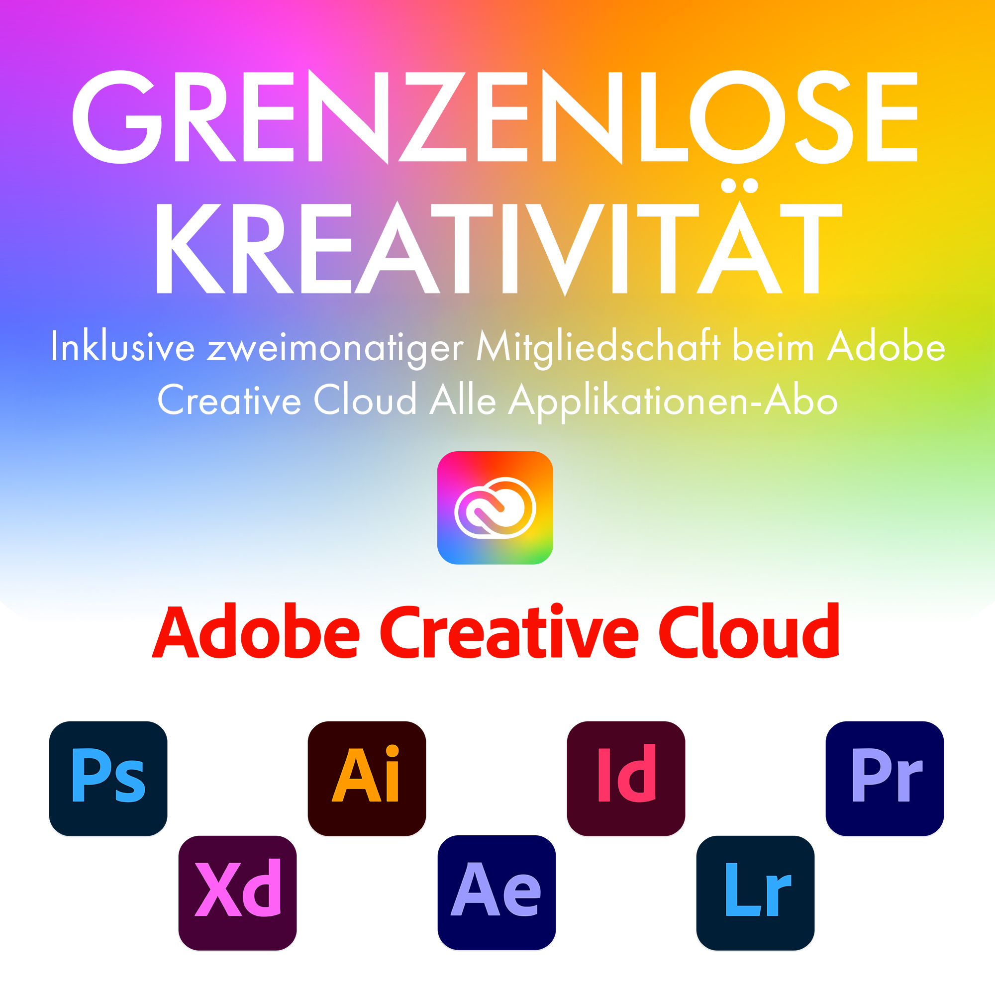 Icone Adobe Creative Cloud: Ps, Ai, Id, Pr, Xd, Ae, Lr. Testo: Creatività senza confini.