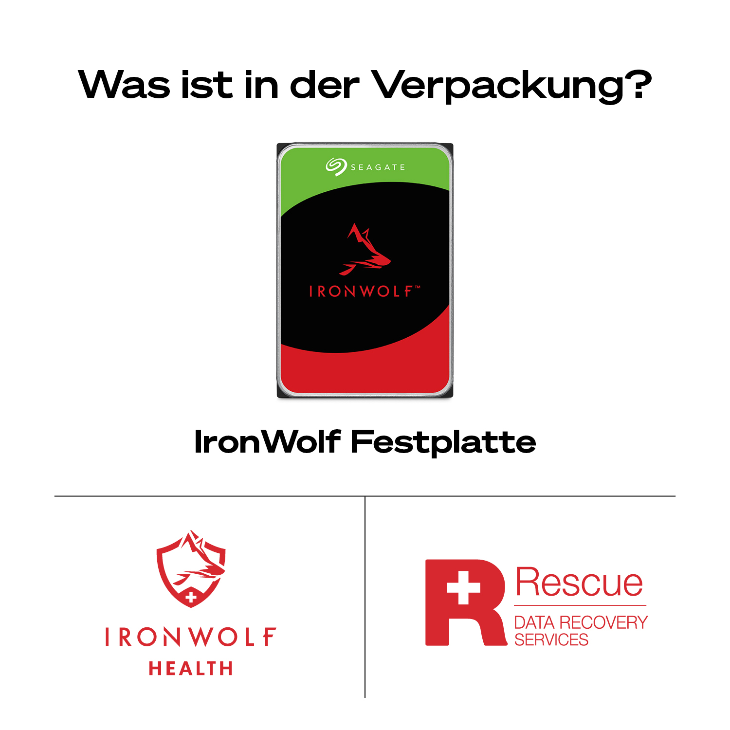 Disque dur Seagate IronWolf avec accents et logos rouges et verts.