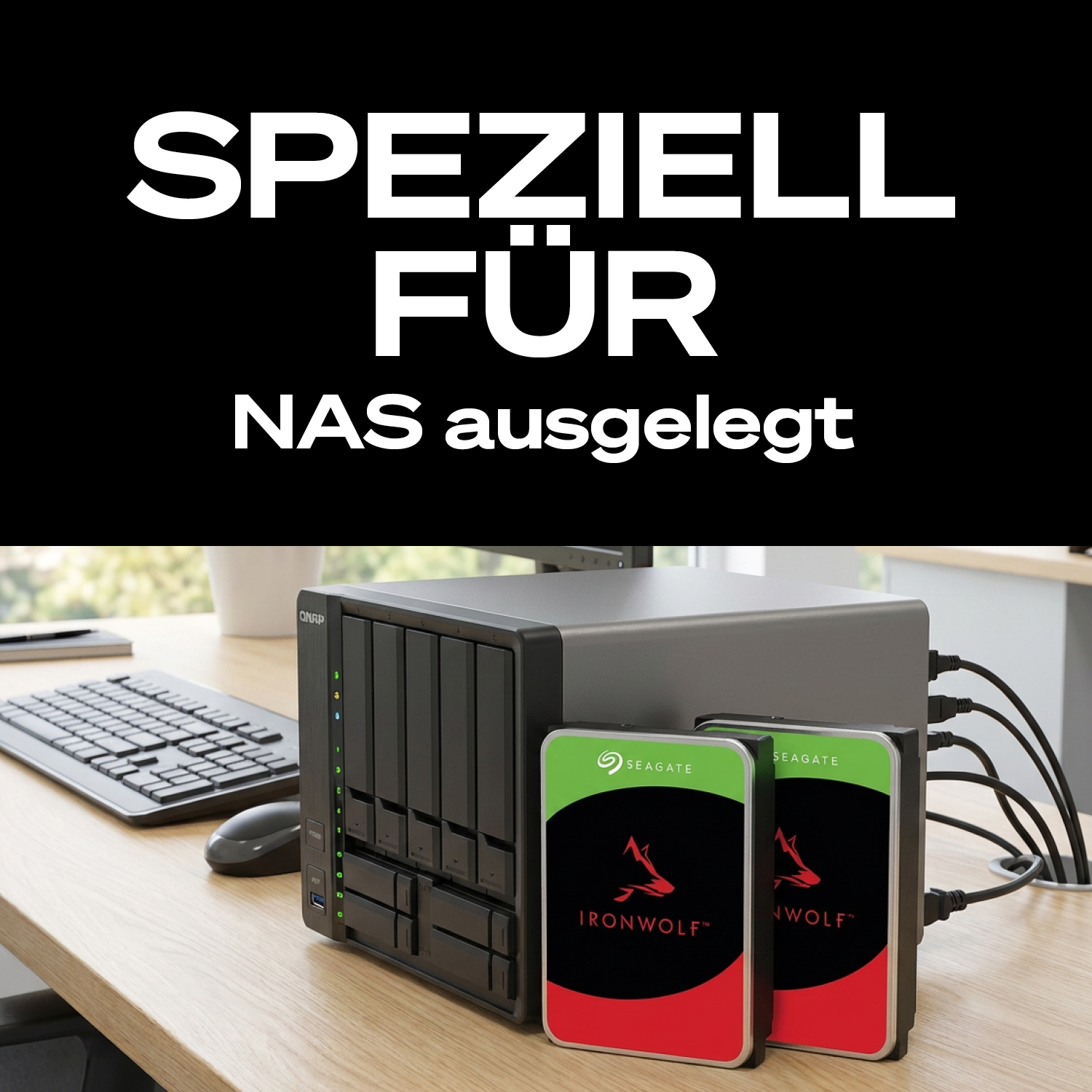 Un boîtier NAS avec deux disques Seagate IronWolf sur un bureau.