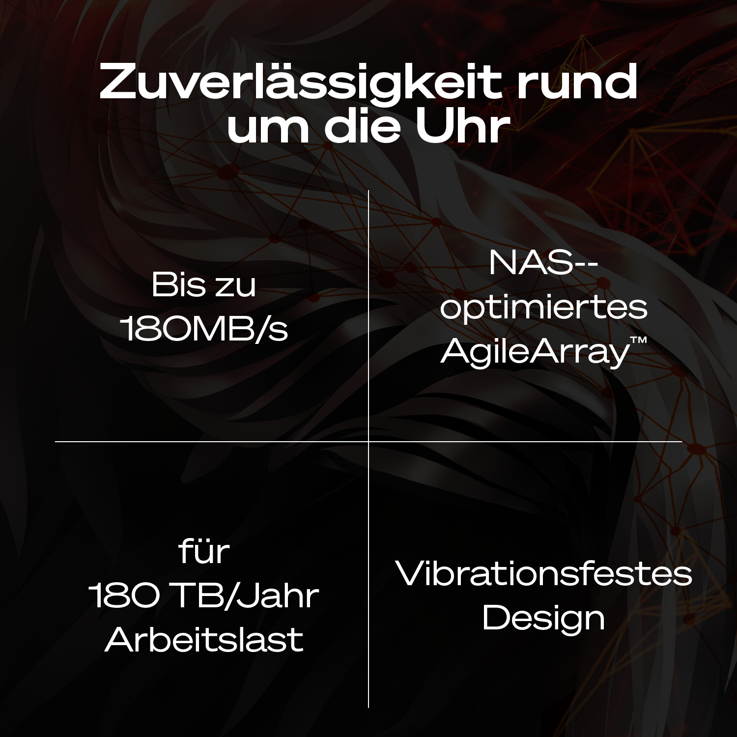 Fiabilité, jusqu'à 180 Mo/s, optimisé NAS, charge de travail de 180 To/an, conception résistante aux vibrations.
