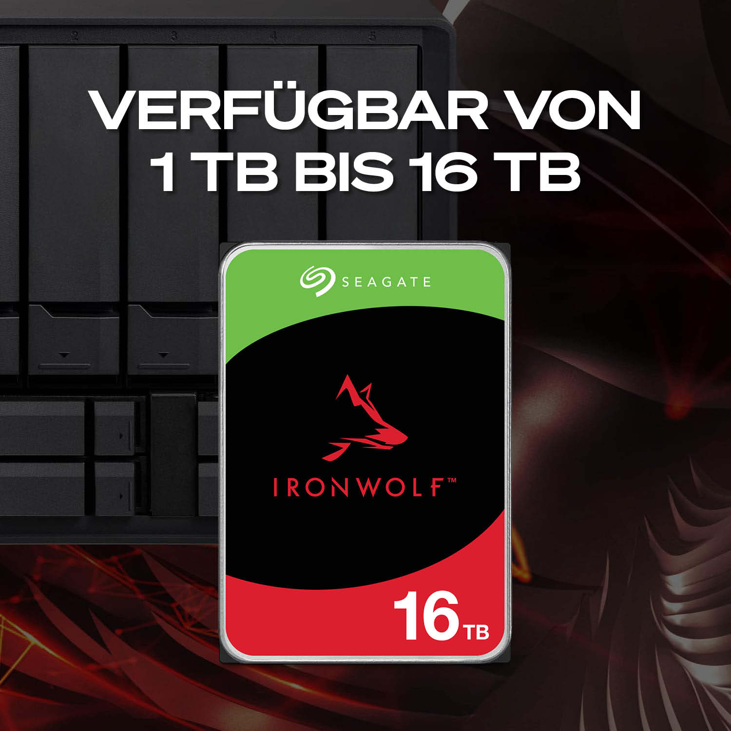 Disque dur Seagate IronWolf 16TB devant un boîtier NAS noir.