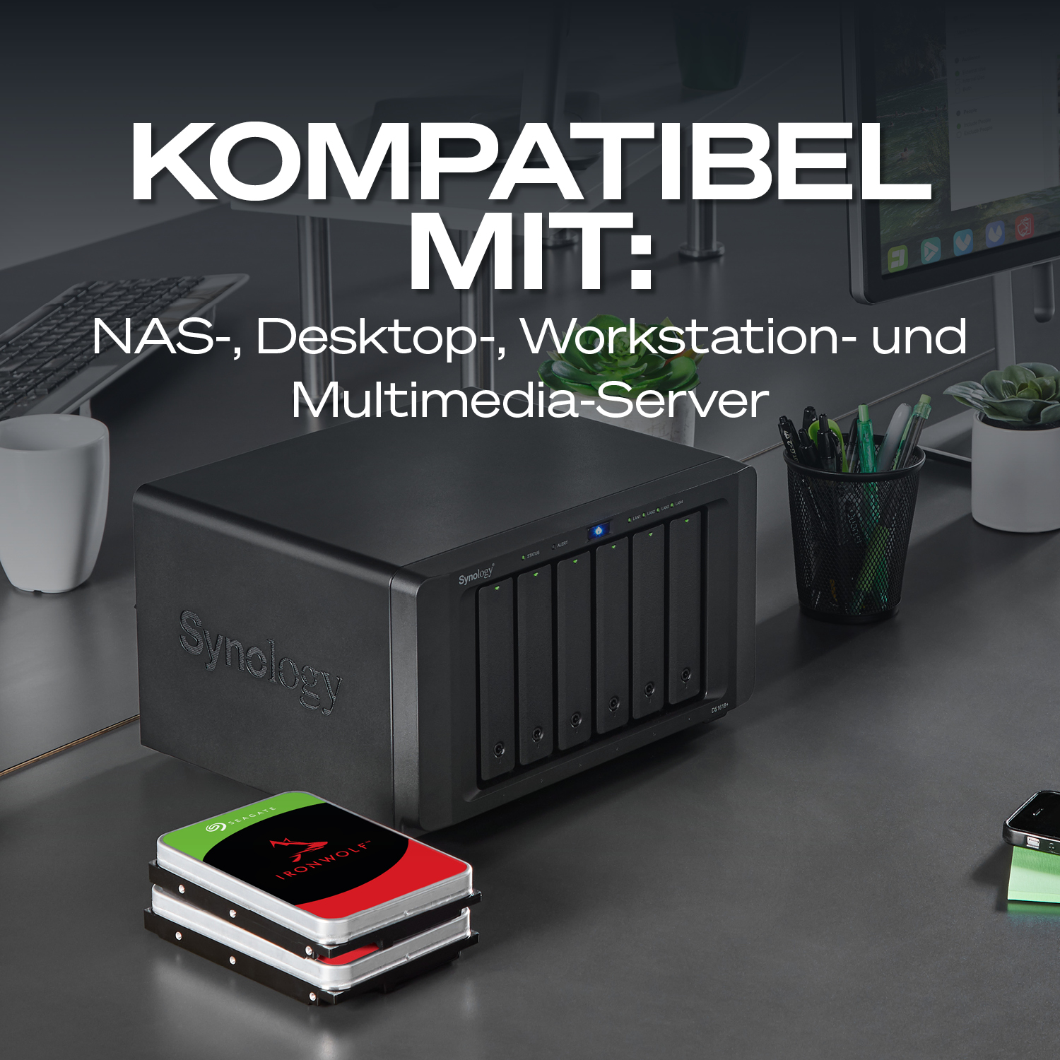 Appareil NAS Synology avec deux disques durs Seagate IronWolf empilés.